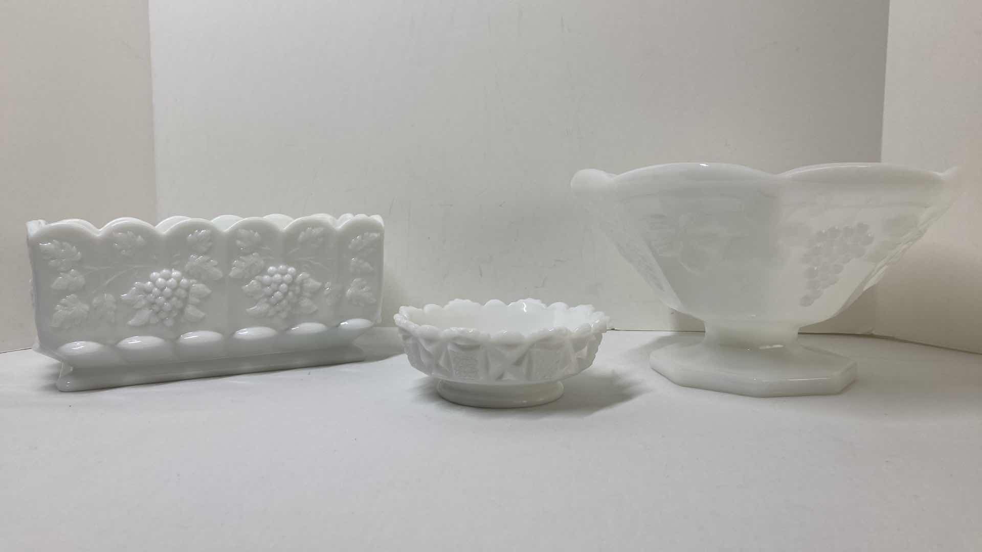 Photo 1 of WESTMORELAND MILK GLASS GRAPEVINE NAPKIN HOLD & HOBNAIL CANDY DISH W GRAPEVINE PEDESTAL SERVING BOWL