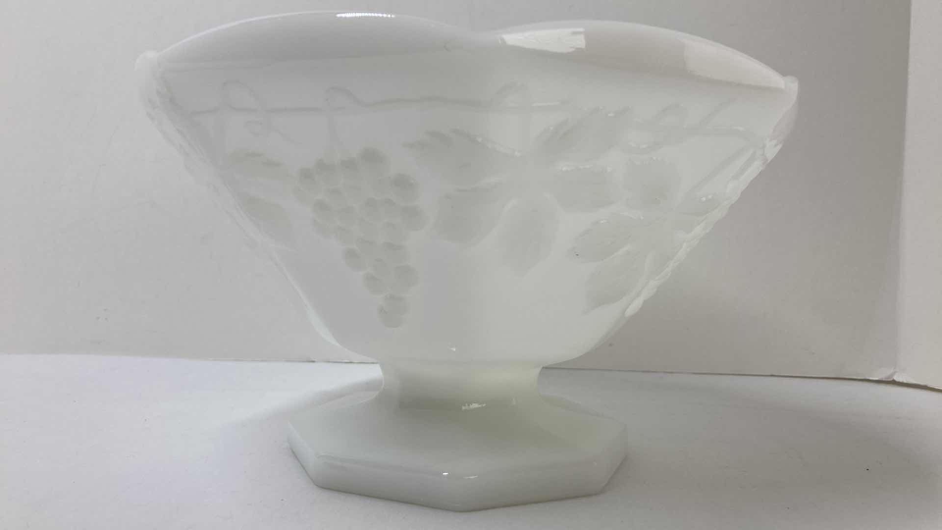 Photo 9 of WESTMORELAND MILK GLASS GRAPEVINE NAPKIN HOLD & HOBNAIL CANDY DISH W GRAPEVINE PEDESTAL SERVING BOWL