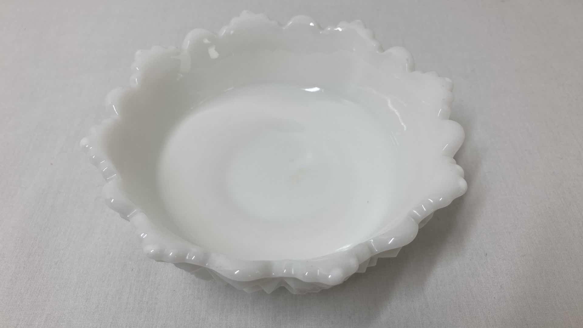 Photo 7 of WESTMORELAND MILK GLASS GRAPEVINE NAPKIN HOLD & HOBNAIL CANDY DISH W GRAPEVINE PEDESTAL SERVING BOWL