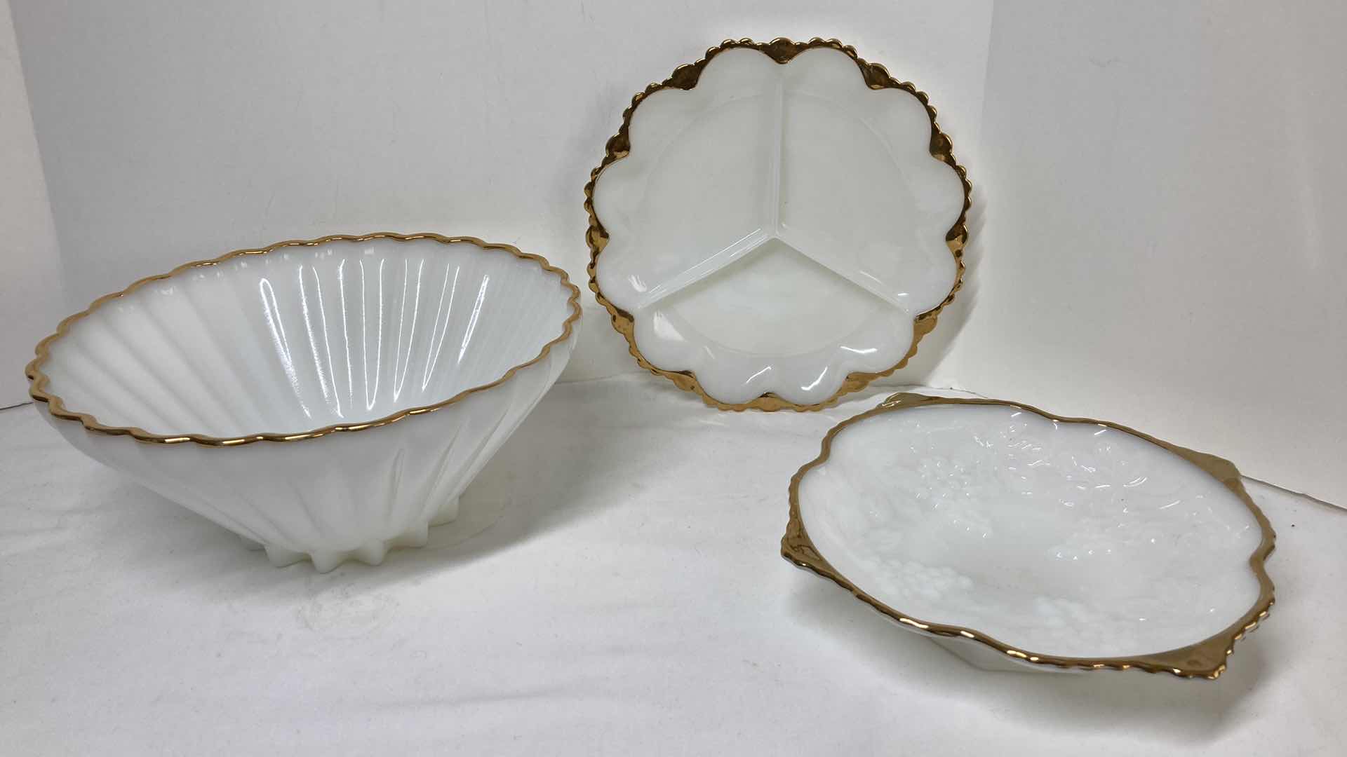 Photo 1 of MILK GLASS GOLD FINISH RIMMED SALAD BOWL & SERVING DISHES (2)