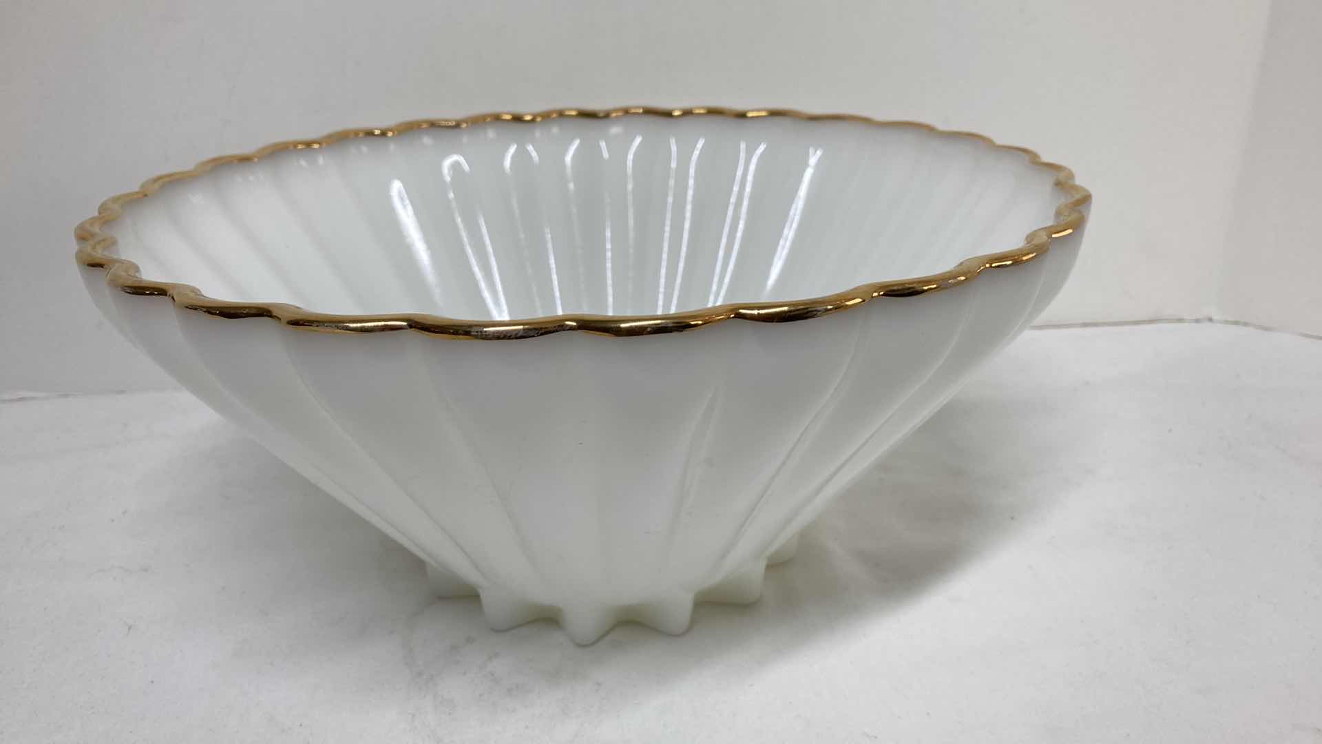 Photo 3 of MILK GLASS GOLD FINISH RIMMED SALAD BOWL & SERVING DISHES (2)