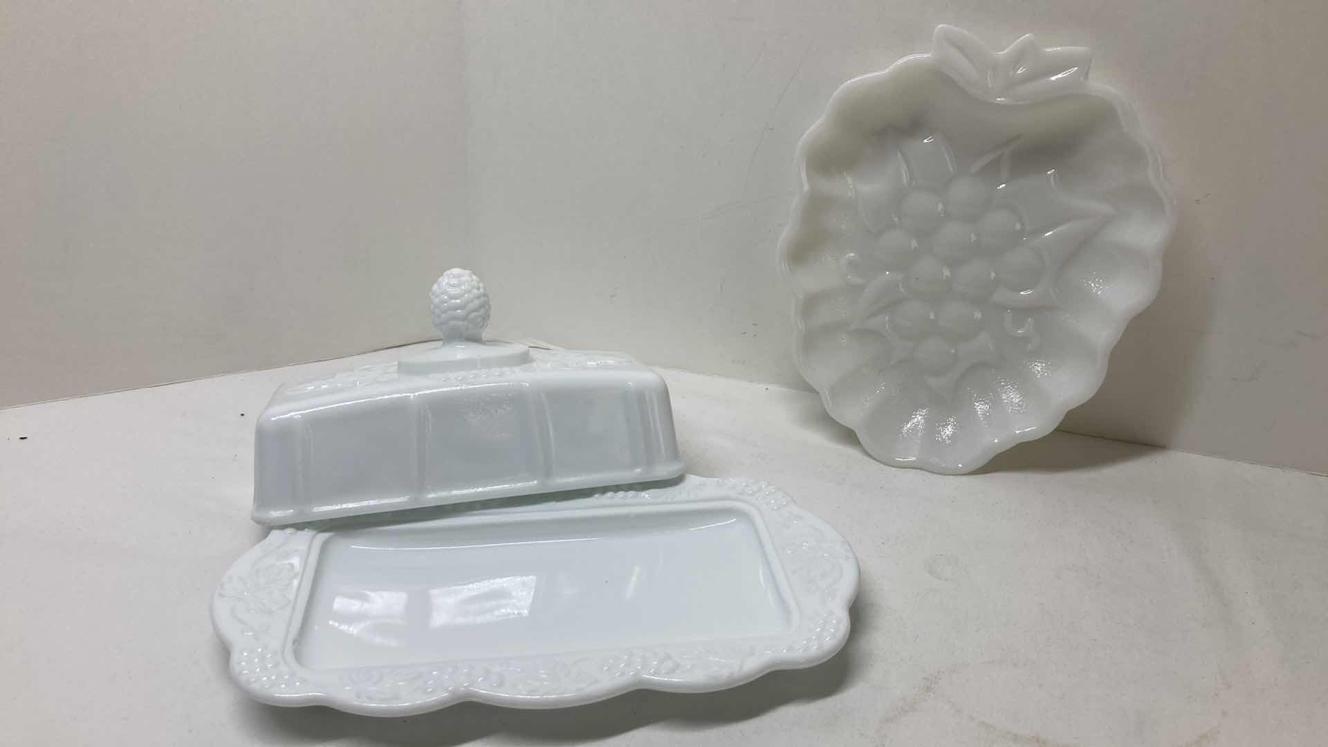 Photo 8 of MILK GLASS GRAPEVINE TEA CUP SET (4) MILK GLASS COOKIE JAR & SERVING DISHES- VARIOUS DESIGNS (4)