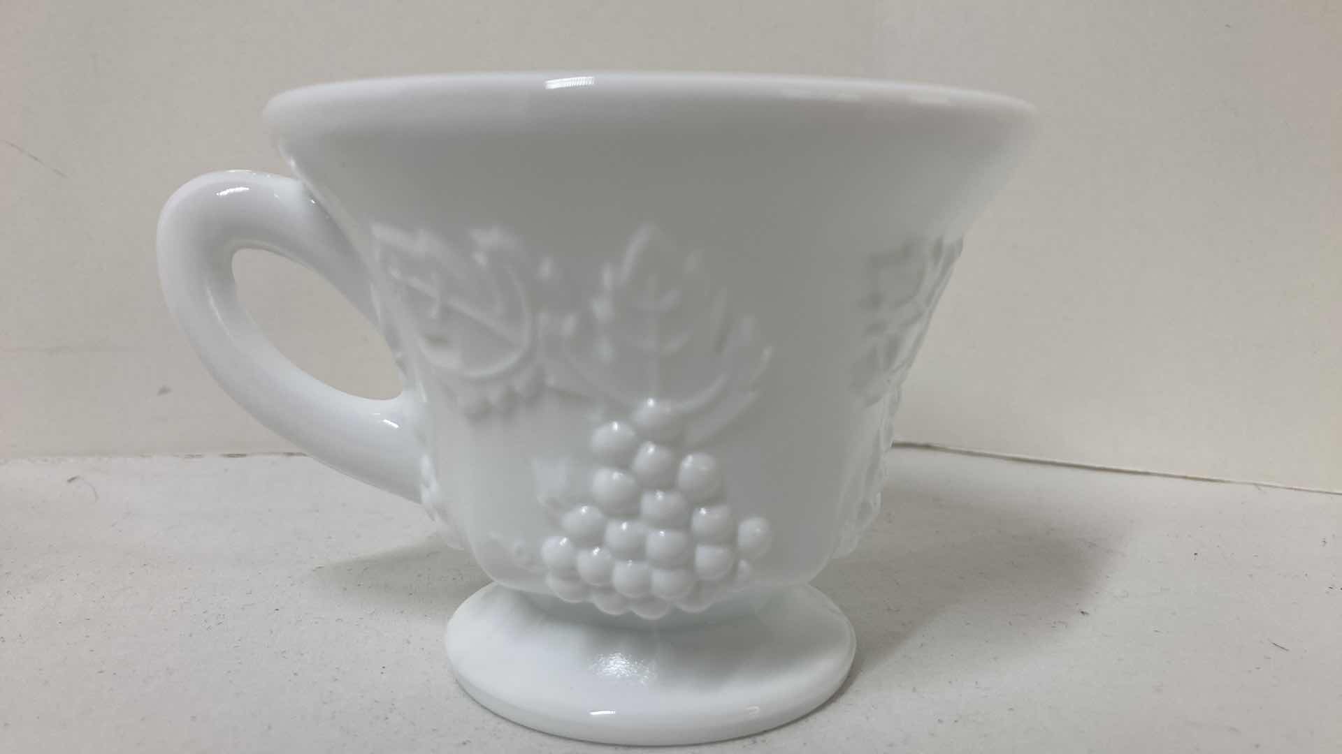 Photo 4 of MILK GLASS GRAPEVINE TEA CUP SET (4) MILK GLASS COOKIE JAR & SERVING DISHES- VARIOUS DESIGNS (4)