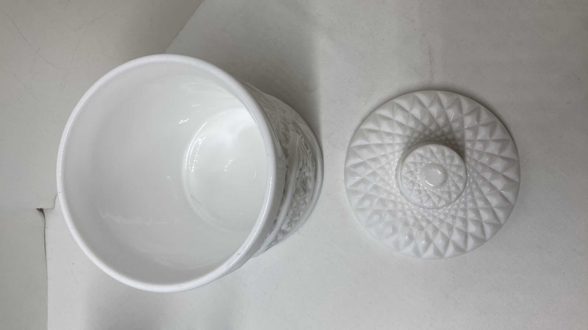 Photo 6 of MILK GLASS GRAPEVINE TEA CUP SET (4) MILK GLASS COOKIE JAR & SERVING DISHES- VARIOUS DESIGNS (4)