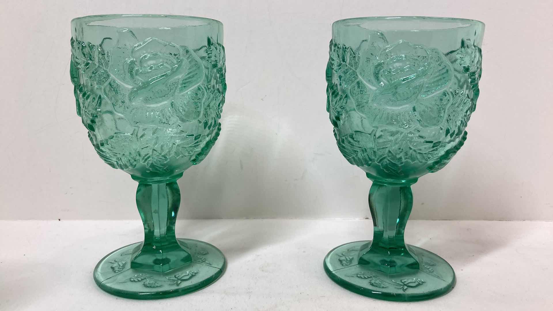 Photo 3 of WILD ROSES GREEN GLASS GOBLETS (7)