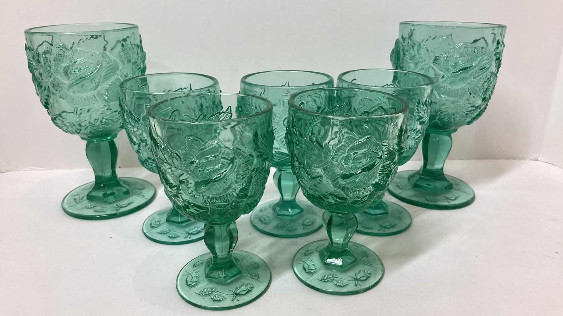 Photo 1 of WILD ROSES GREEN GLASS GOBLETS (7)