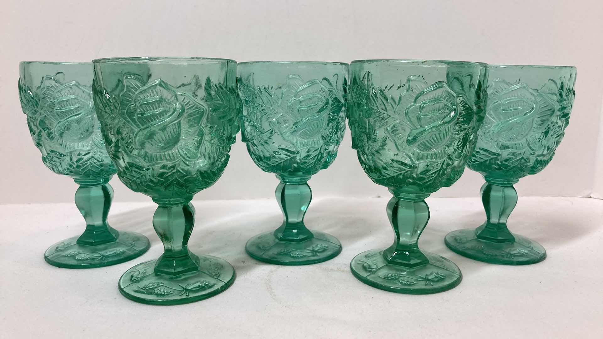 Photo 2 of WILD ROSES GREEN GLASS GOBLETS (7)