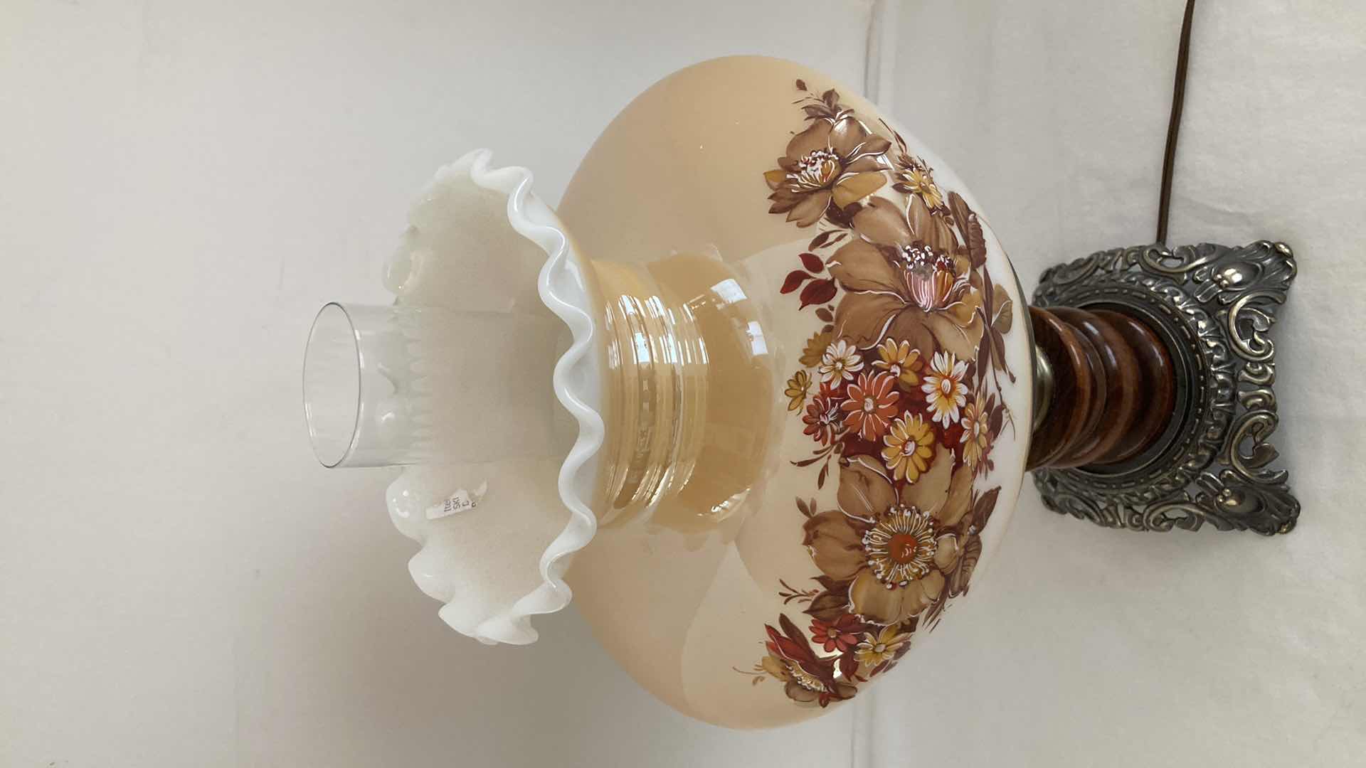Photo 3 of HURRICANE STYLE FLORAL GLASS SHADE WOOD & METAL BASE TABLE LAMP 9” X 19”