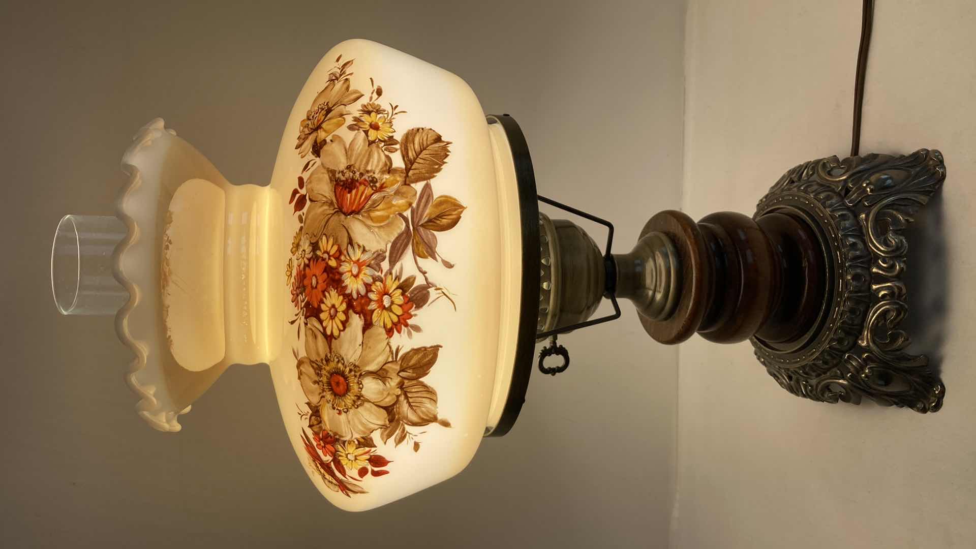 Photo 1 of HURRICANE STYLE FLORAL GLASS SHADE WOOD & METAL BASE TABLE LAMP 9” X 19”