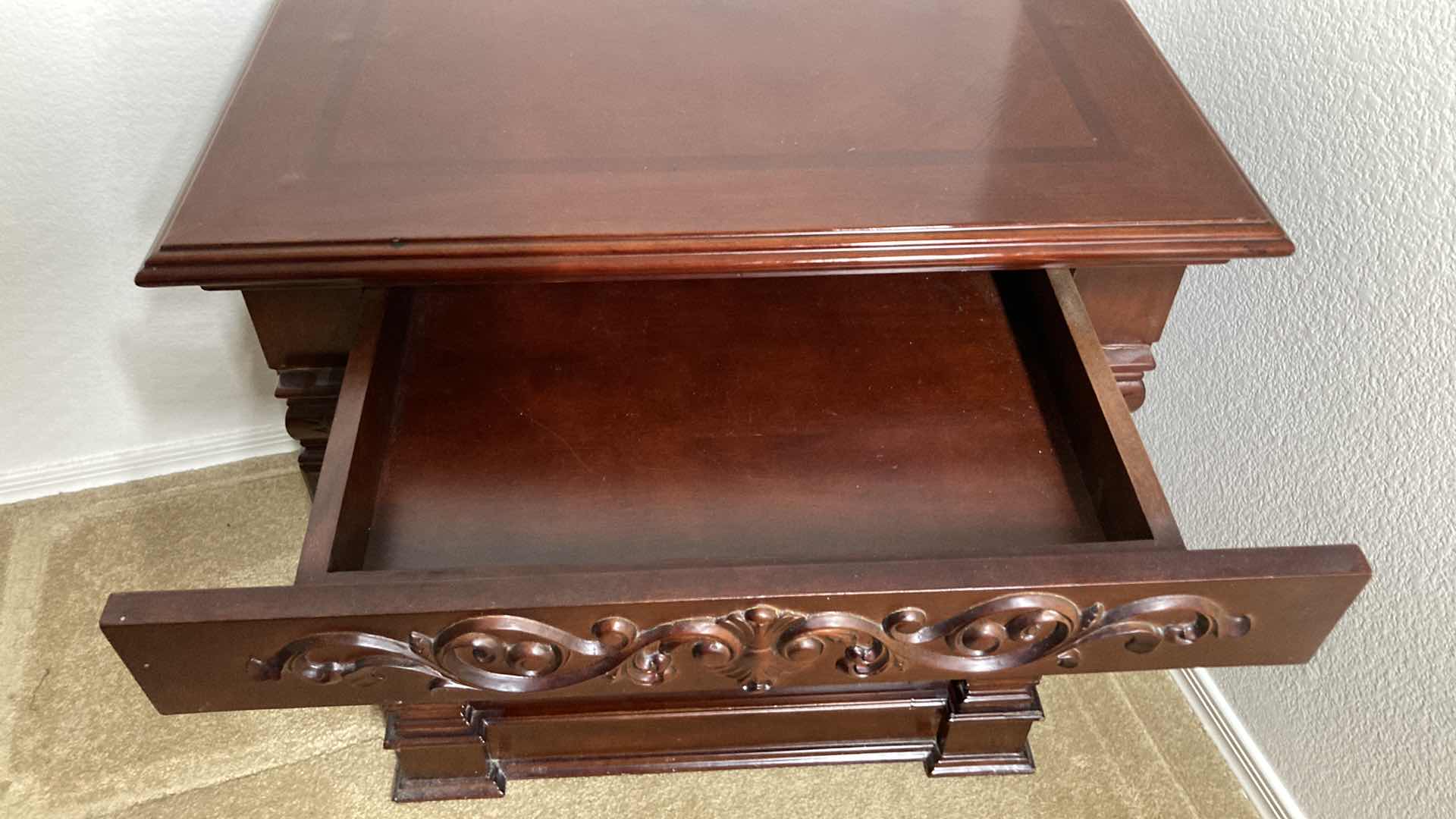 Photo 5 of ORNATE CARVED CHERRYWOOD FINISH NIGHTSTAND 27” X 19” H26.5”