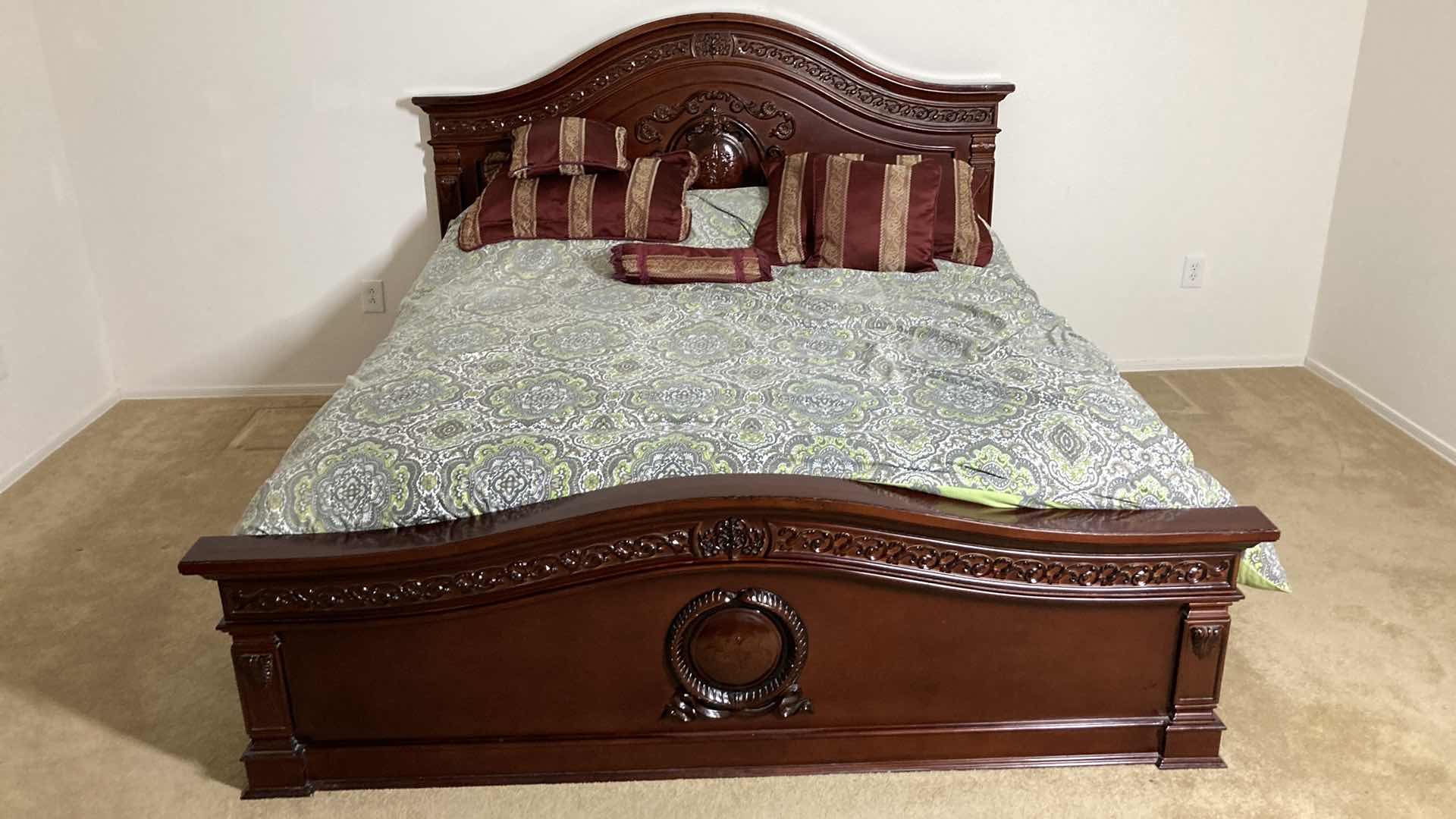 Photo 1 of ORNATE CARVED CHERRYWOOD FINISH KING SIZE BED FRAME W BEAUTY REST FIRM MATTRESS & BOX SPRING