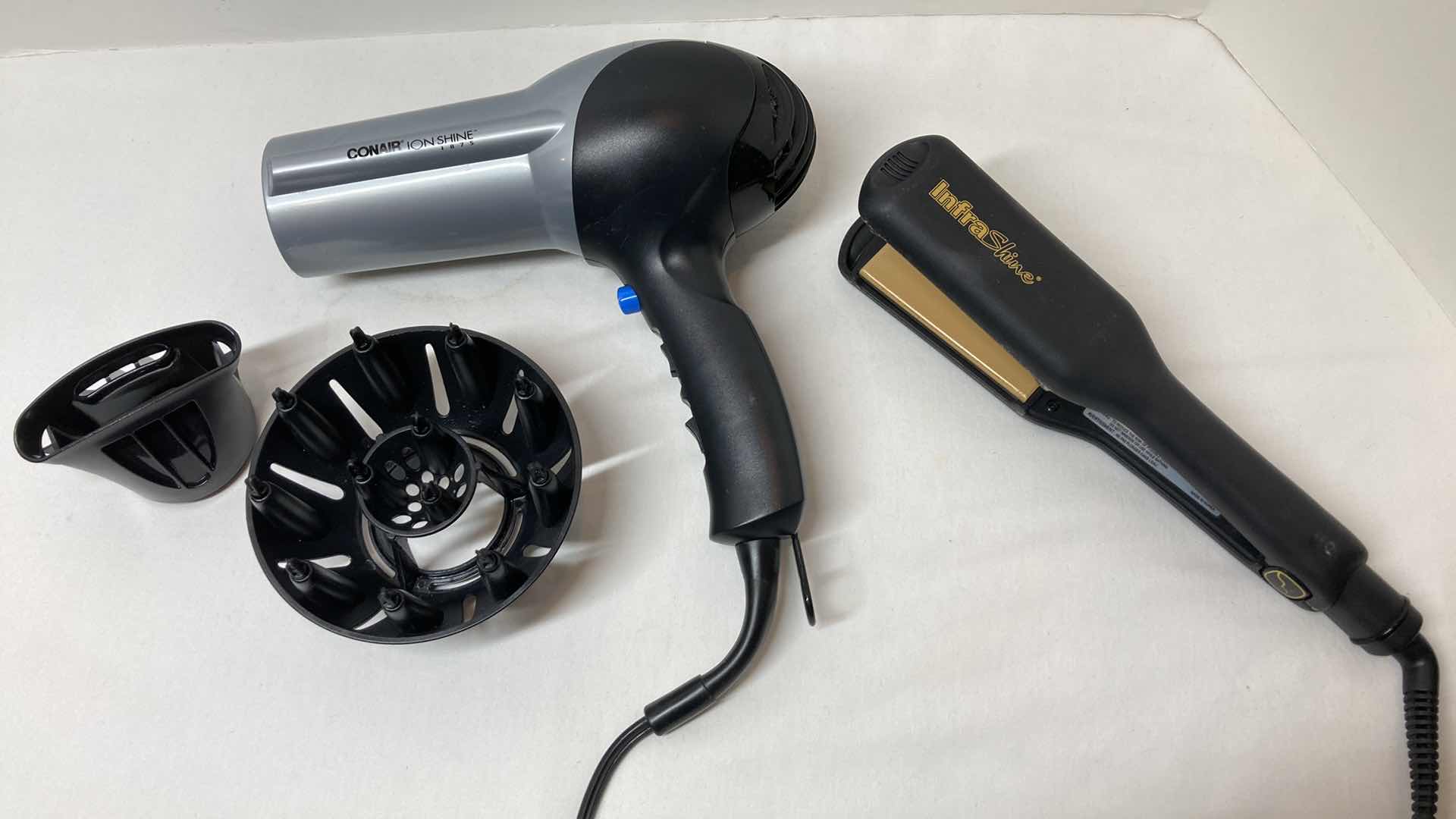 Photo 1 of CONAIR ION SHINE HAIR DRYER 1875 MODEL Y83N W ATTACHMENTS & INFRA-SHINE FLAT IRON MODEL INC2