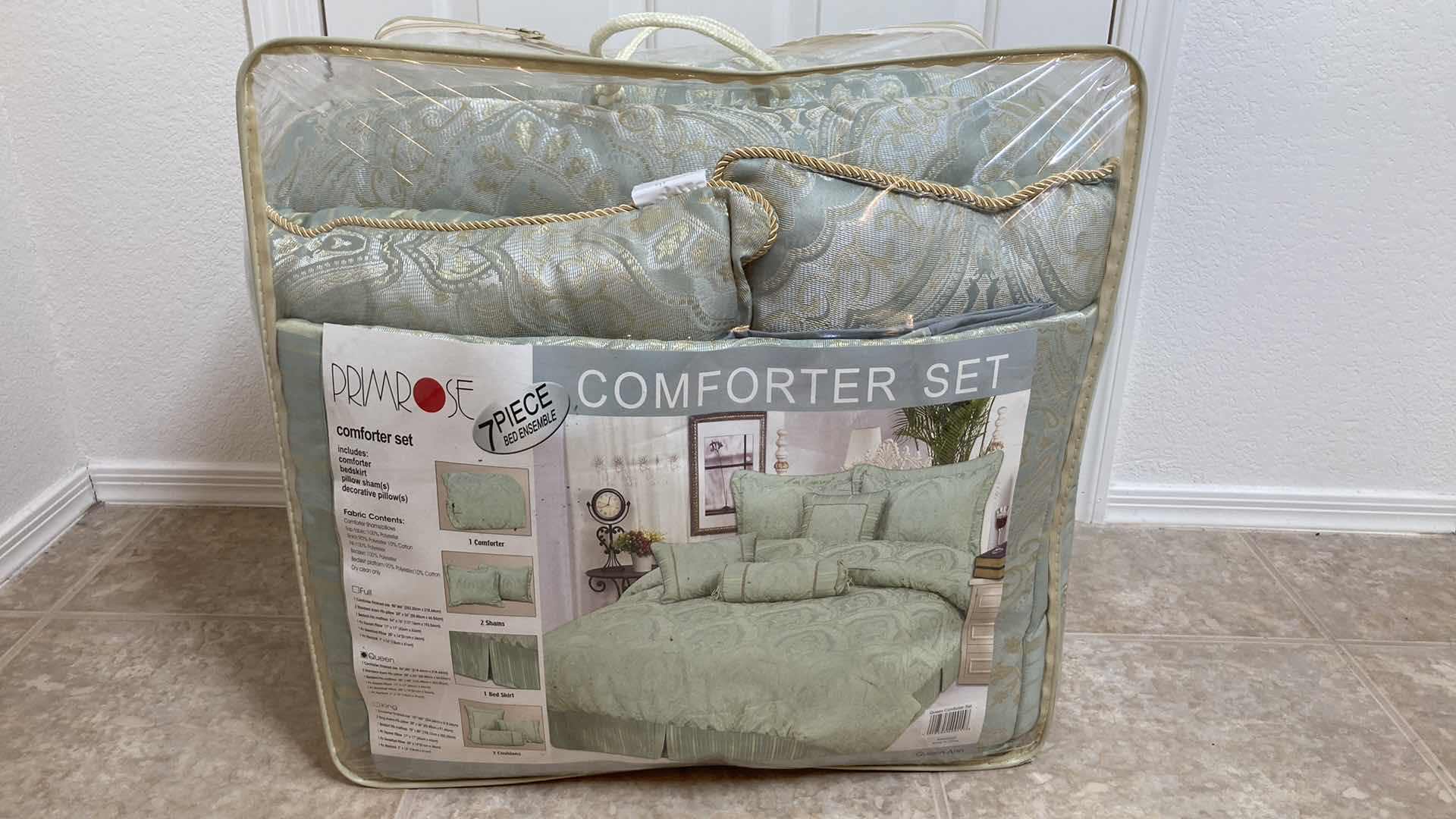 Photo 1 of PRIMROSE 7PC LIGHT GREEN W GOLD & SILVER TRIM QUEEN COMFORTER SET