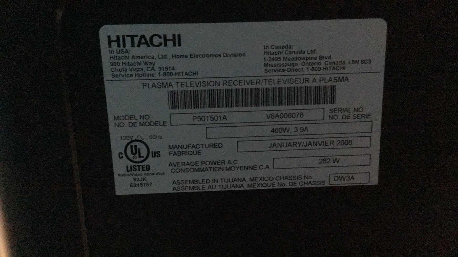 Photo 3 of HITACHI 50” PLASMA HDTV P50T50A