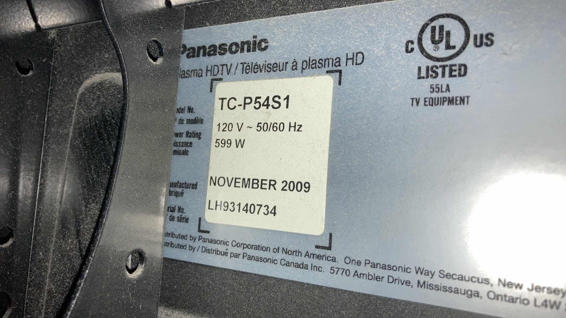 Photo 5 of PANASONIC 54” PLASMA HDTV MODEL TC-P54S1 W REMOTE & WALL-MOUNT