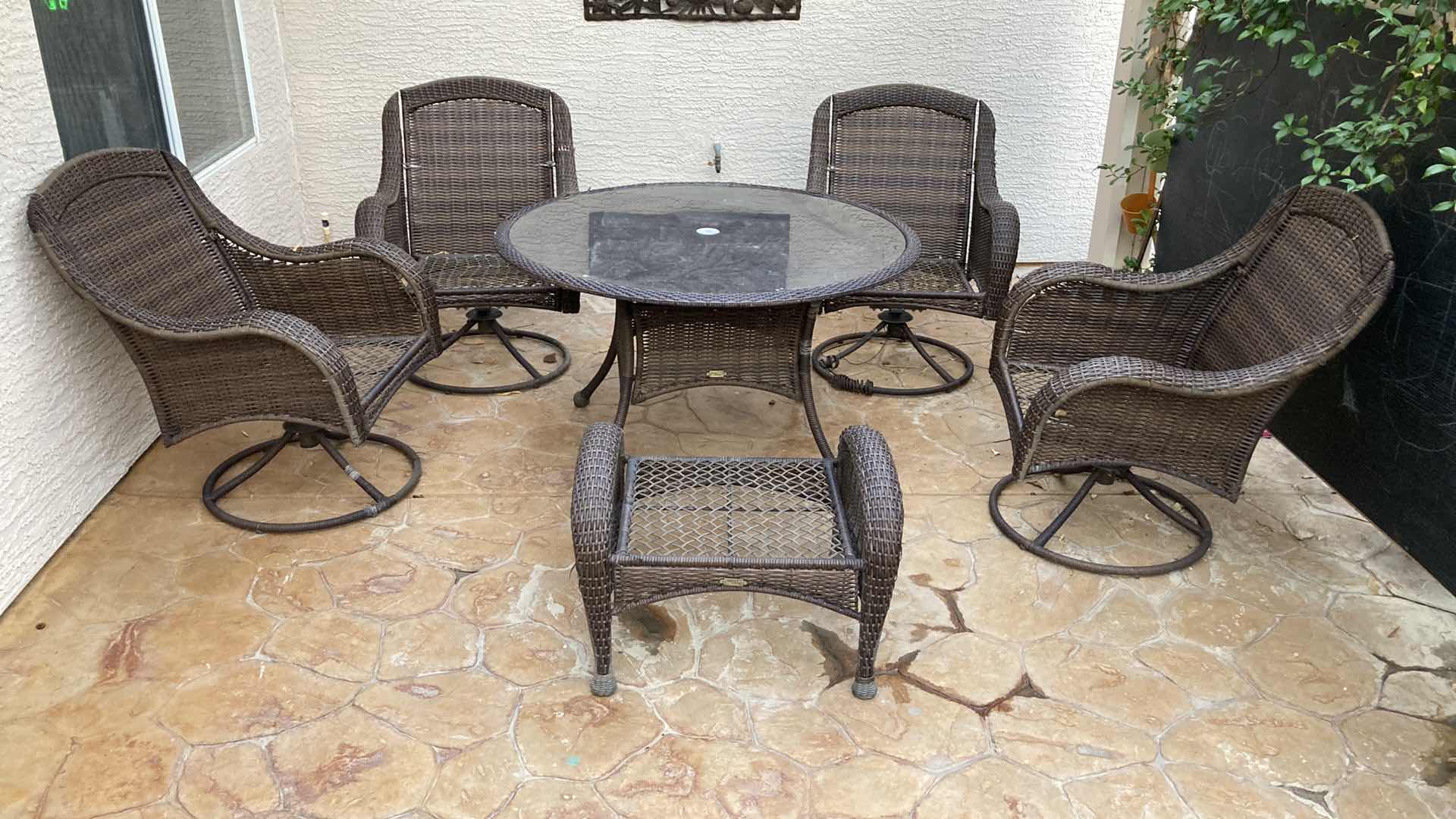 Photo 1 of BETTER HOMES BRUSHED BRONZE WOVEN PATIO TABLE 48” X 28” & CHAIRS 30” X 29” H38” (4) W OTTOMAN