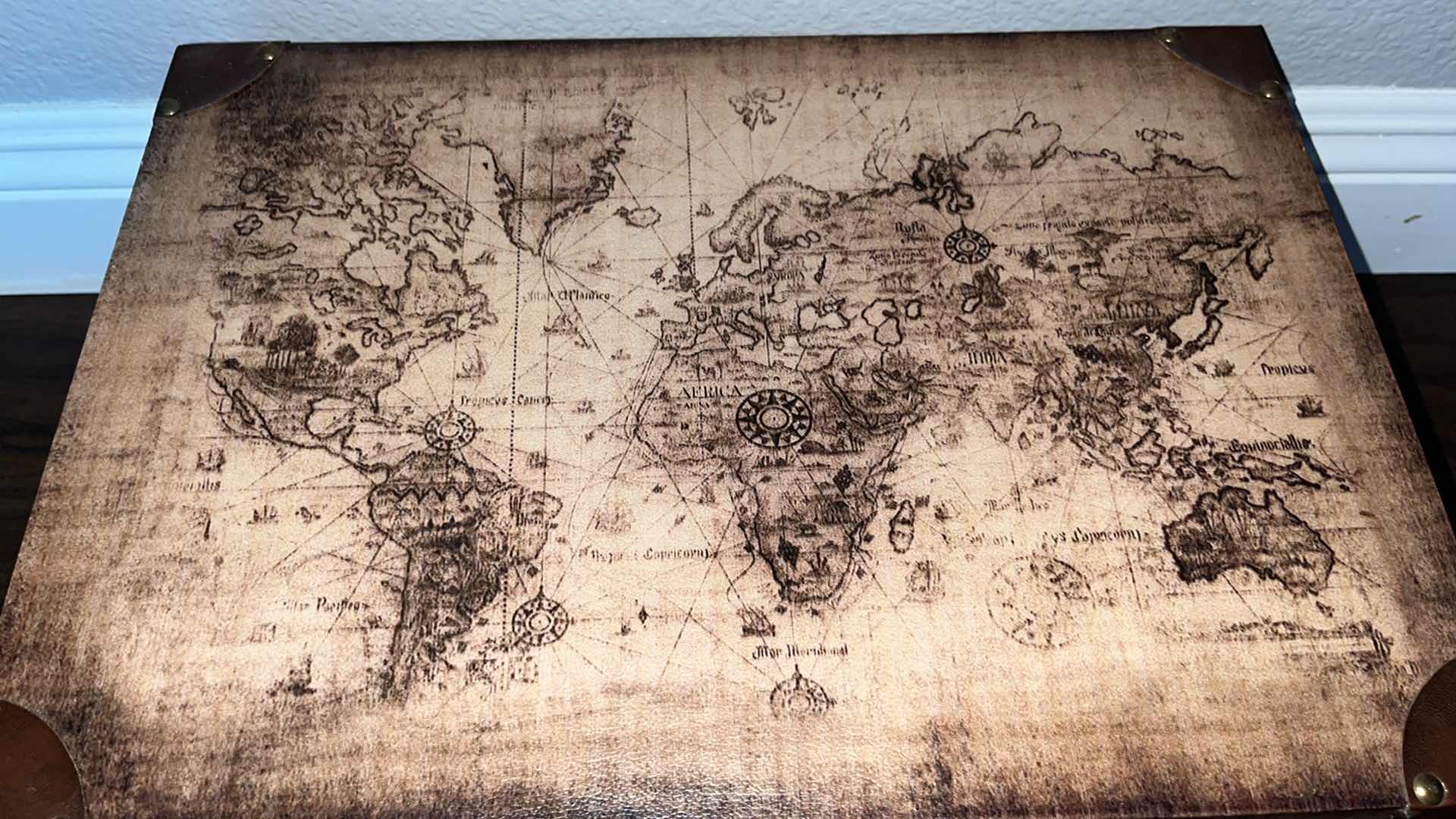 Photo 2 of OLD WORLD MAP WOODEN BOX SET W VINTAGE LOCK CLASPS & LEATHER CORNERS 17”, 15”, 12”