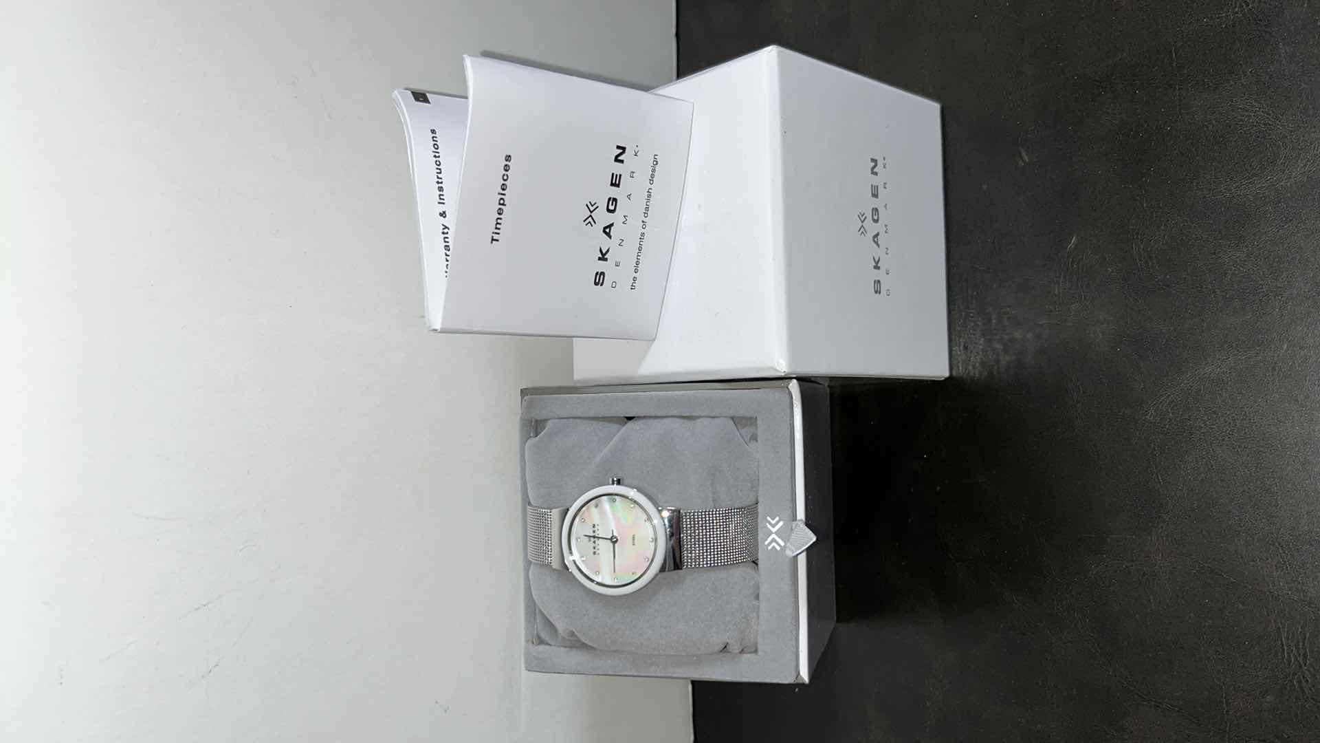 Photo 1 of NEW WOMENS SKAGEN DENMARK WATCH W STAINLESS STEEL CASE & MESH BAND, MOTHER OF PEARL INLAY & SWAROVSKI CRYSTALS, INCLUDES ORIGINAL BOX MODEL 458SSSW
