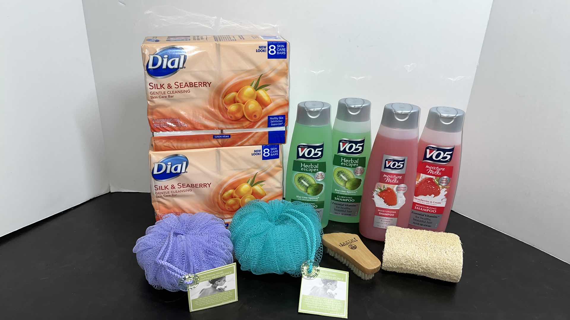 Photo 1 of NEW DIAL GENTLE CLEANSING SKIN CARE BAR 8 PACKS (2), ALBERTO VO5 SHAMPOO (4), BATH & BODY WORKS EXFOLIATING MESH SPONGE (2), NATURAL LOOFAH & EARTH THERAPEUTICS FOOT BRUSH