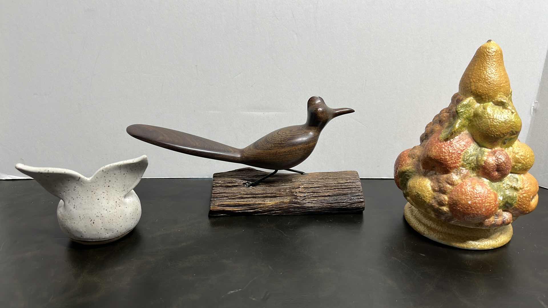 Photo 2 of CLAY WHALE TALE, HAND CARVED WOODEN BIRD ON WOOD PIECE & CERAMIC PEAR TREE