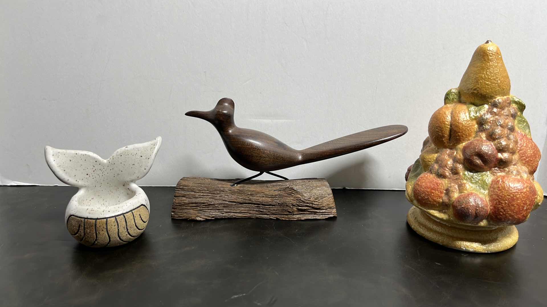 Photo 1 of CLAY WHALE TALE, HAND CARVED WOODEN BIRD ON WOOD PIECE & CERAMIC PEAR TREE