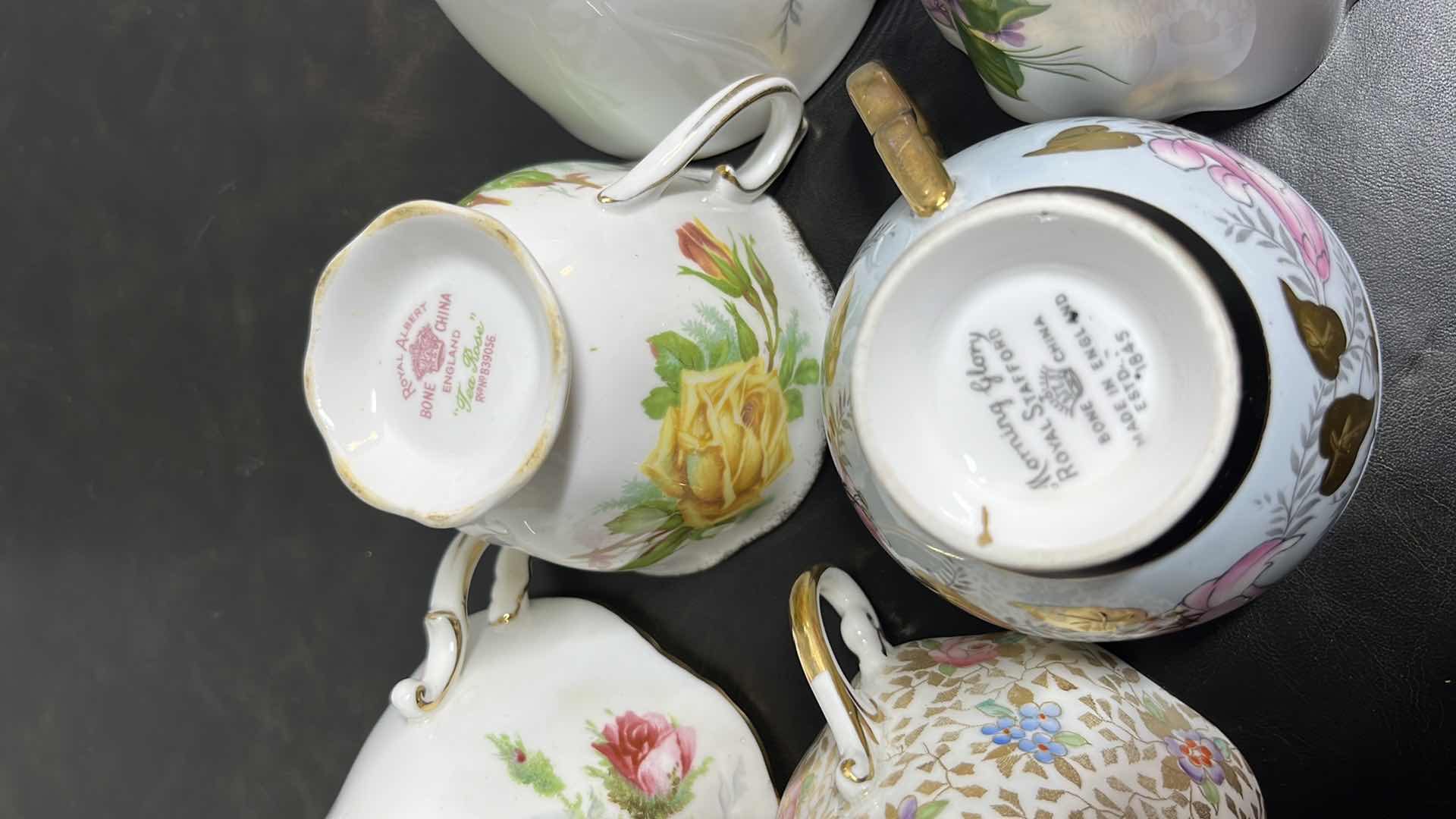 Photo 7 of ECLECTIC BONE & FINE CHINA 9 TEA CUPS/SAUCERS (18 PCS)