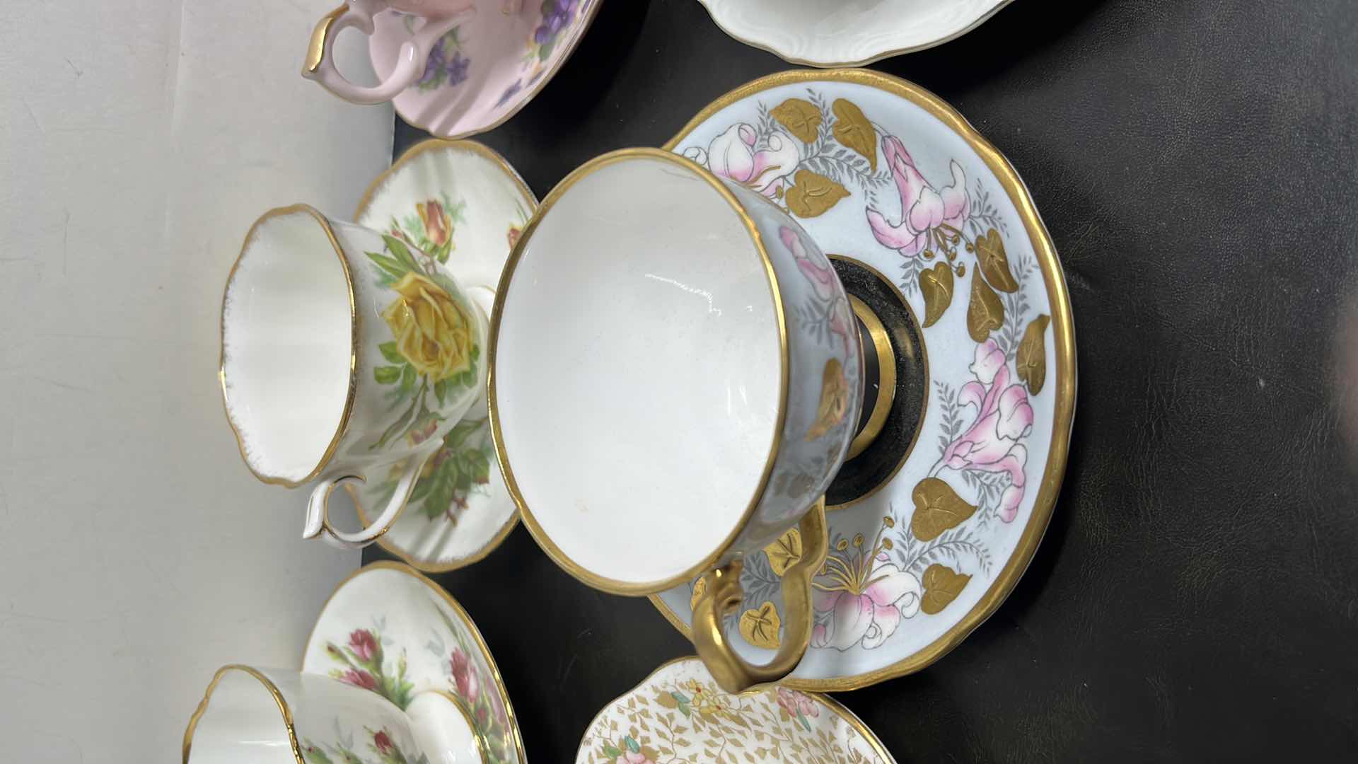 Photo 3 of ECLECTIC BONE & FINE CHINA 9 TEA CUPS/SAUCERS (18 PCS)