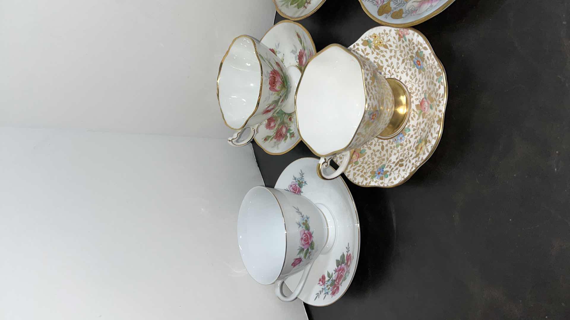 Photo 2 of ECLECTIC BONE & FINE CHINA 9 TEA CUPS/SAUCERS (18 PCS)