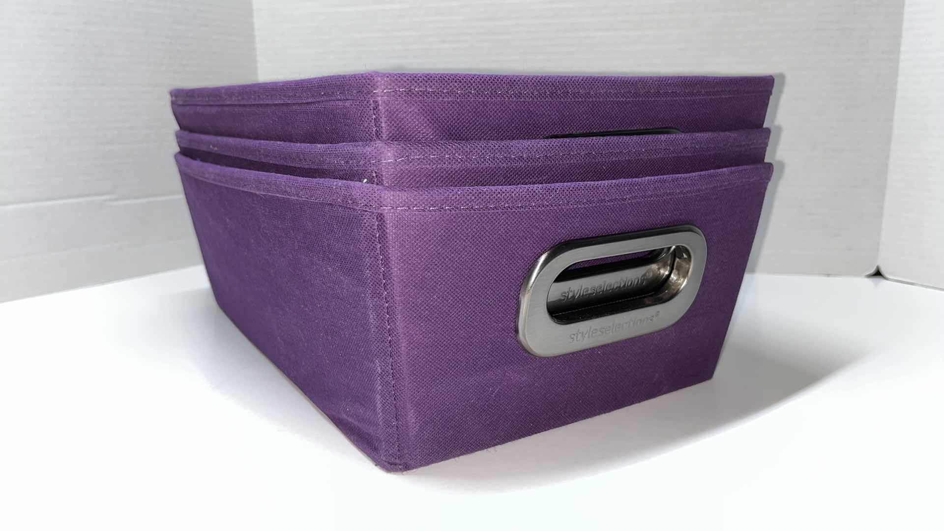 Photo 1 of STYLE SELECTIONS SOLID PURPLE FABRIC STACKABLE BIN 9.5” X 14.25” H5”(3) MODEL #HD-138463A