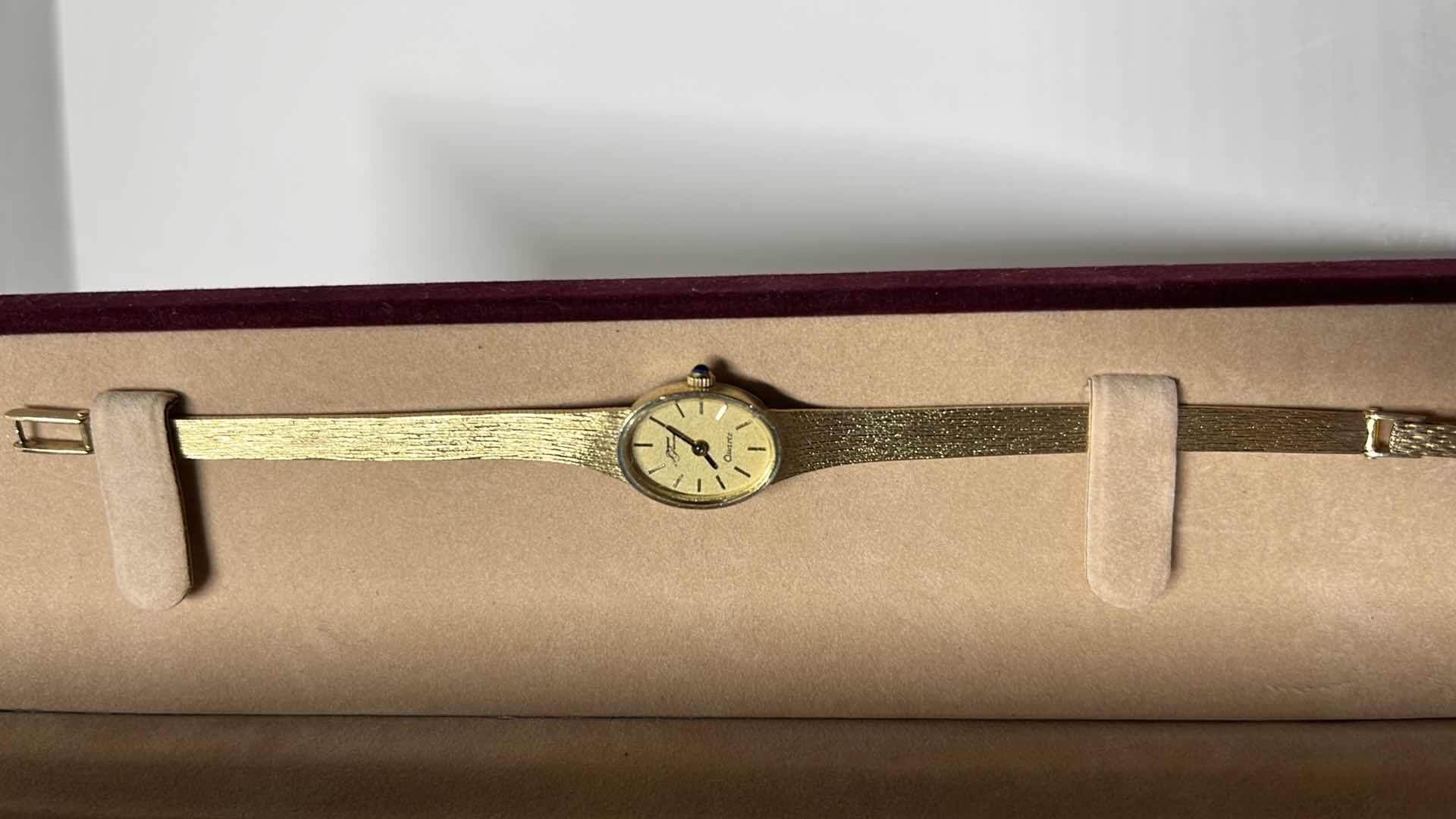 Photo 5 of JACQUES PREVARD LADIES 14K GOLD QUARTZ WRIST WATCH IN ORIGINAL BOX, .25” X 6.5”L