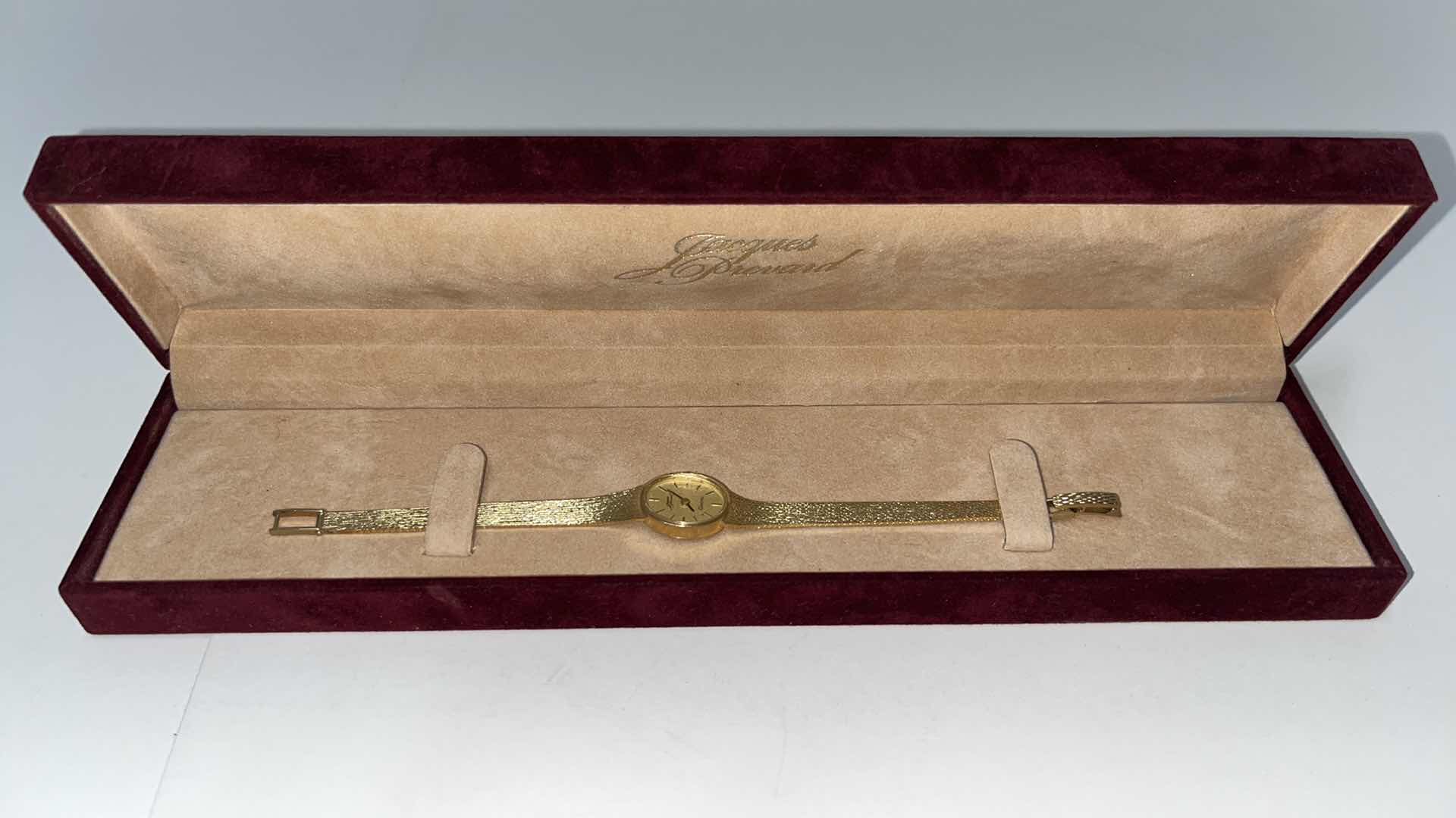 Photo 1 of JACQUES PREVARD LADIES 14K GOLD QUARTZ WRIST WATCH IN ORIGINAL BOX, .25” X 6.5”L