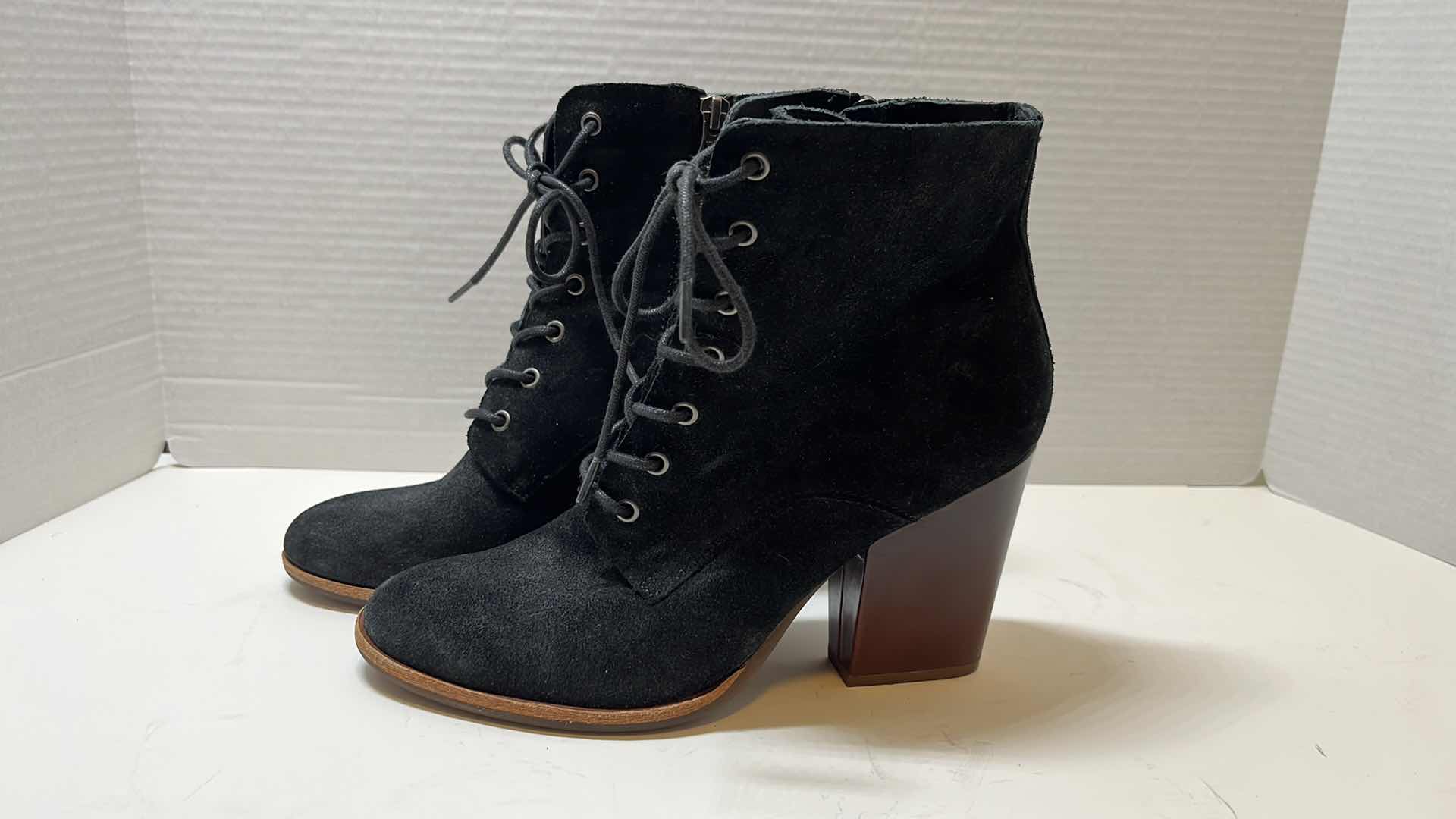 Photo 1 of KORK-EASE SUEDE LACE UP ANKLE HEELED COMBAT BOOTIES, BLACK (WOMENS SIZE 8.5)