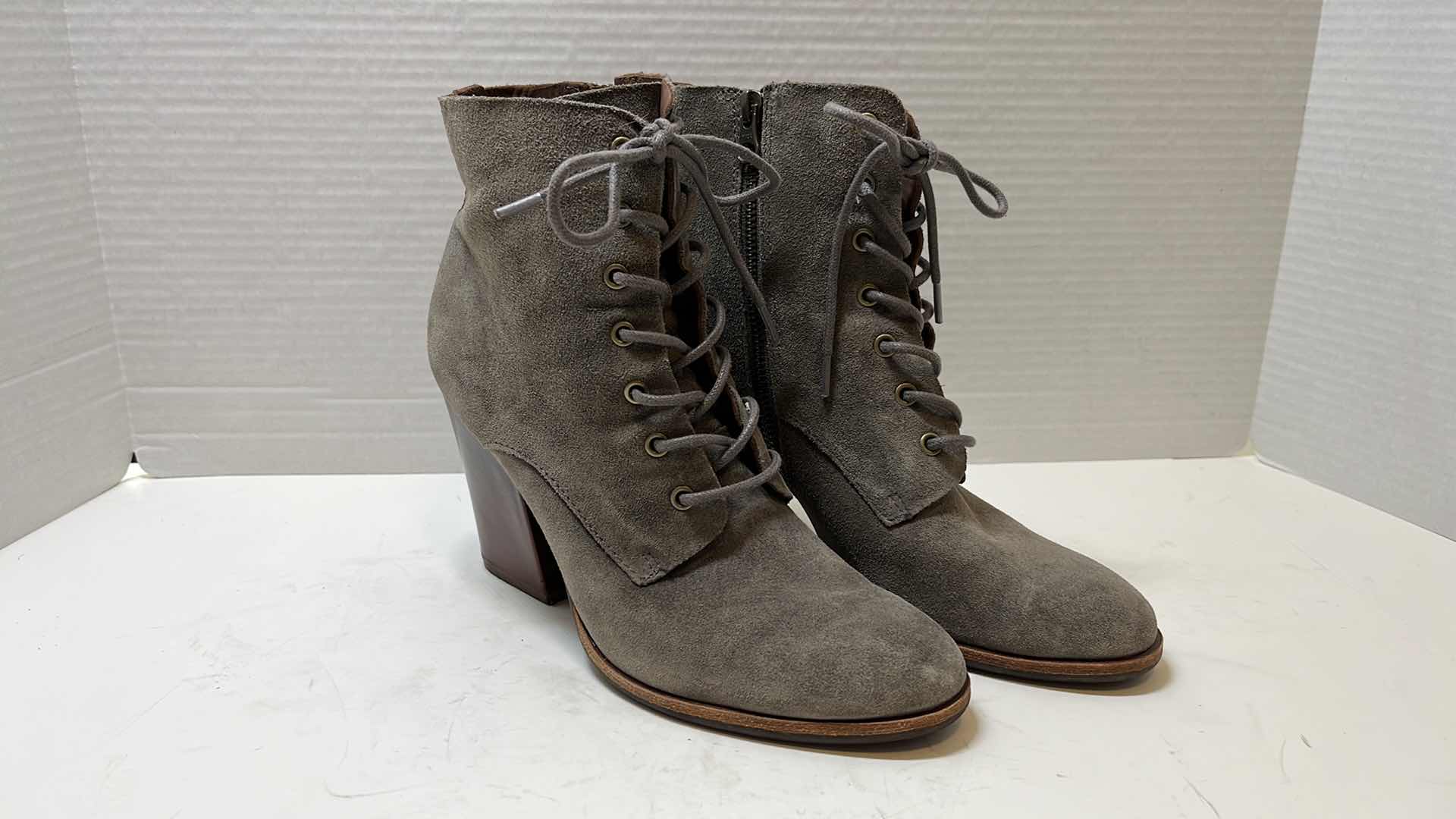 Photo 1 of KORK-EASE SUEDE LACE UP ANKLE HEELED COMBAT BOOTIES, TAUPE (WOMENS SIZE 8.5)