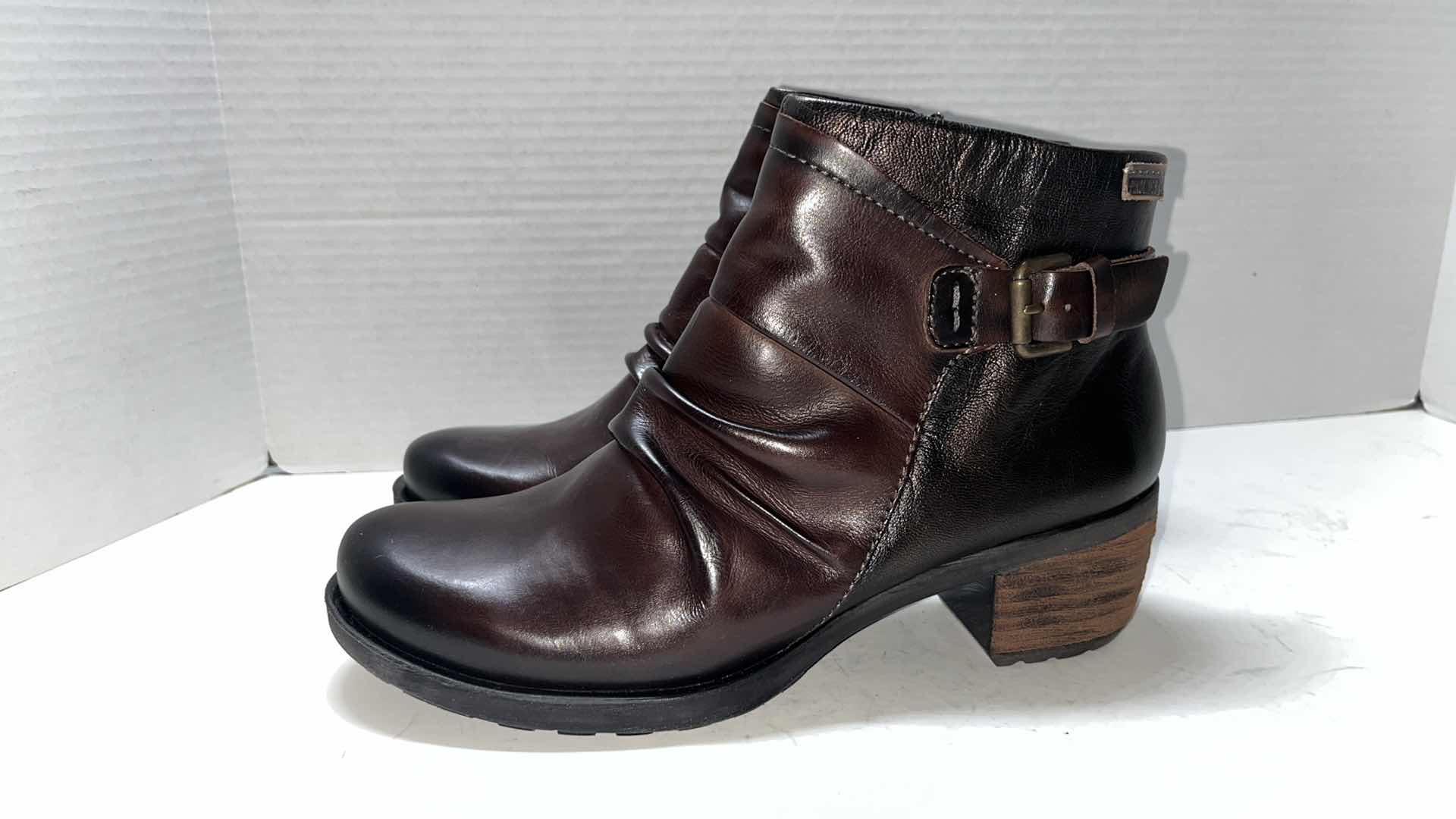 Photo 1 of  PIKOLINOS LE MANS SLOUCH STACKED HEEL LEATHER ANKLE BOOT, METALLIC/BROWN (WOMENS SIZE 39)