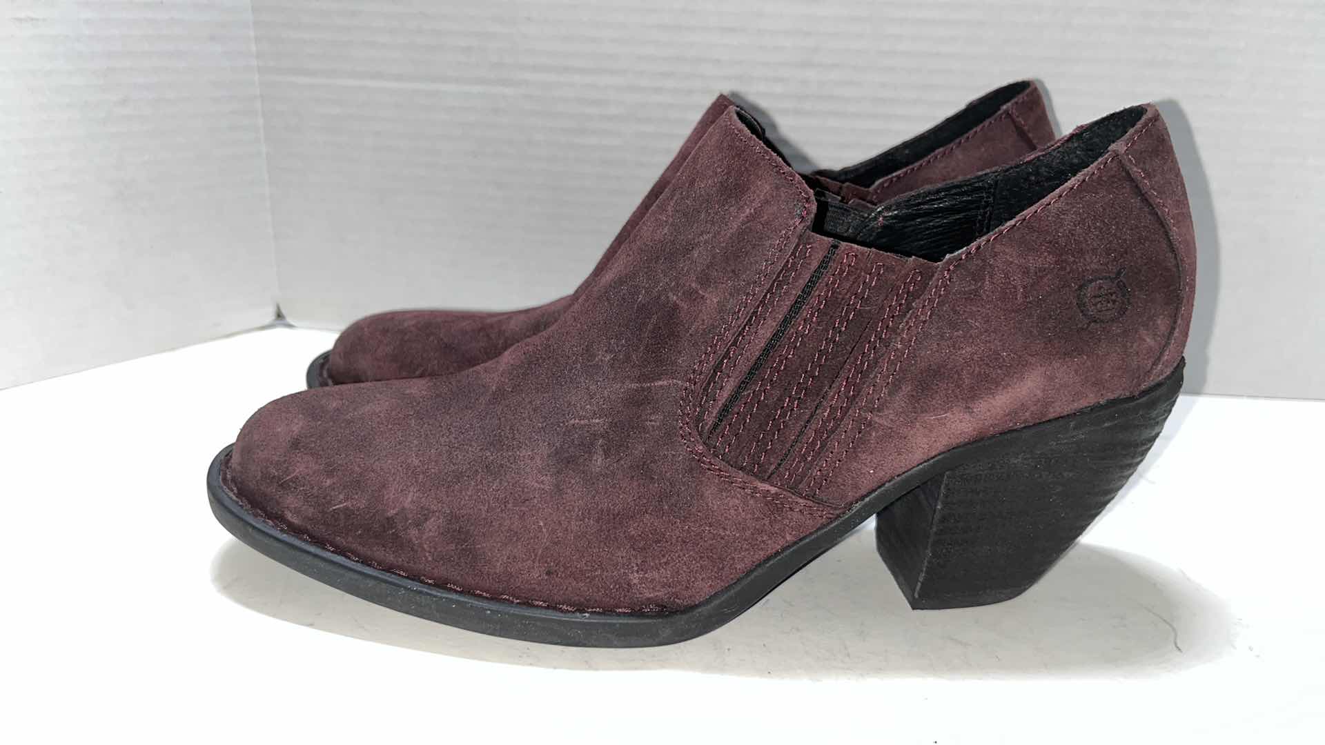 Photo 1 of BORN FREDRIKA ANKLE BOOTIE, PLUM SUEDE (WOMENS SIZE 8.5)
