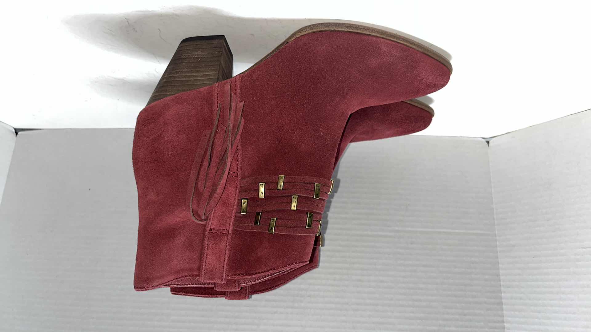 Photo 1 of FRYE REED SHOWDOWN STUD ANKLE BOOTIES, RUBY (WOMENS SIZE 8.5)