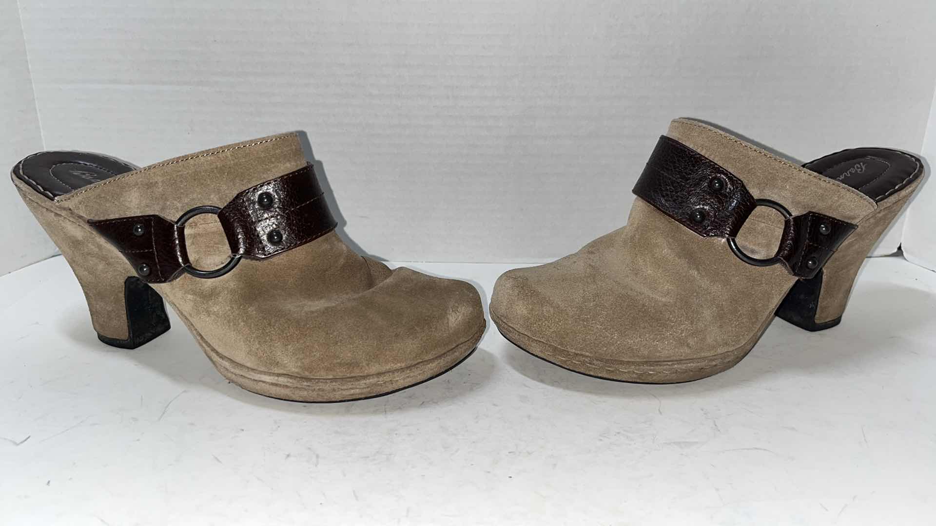 Photo 3 of BORN CROWN HARNESS SUEDE SLIP-ON CLOGS, TAN (WOMENS SIZE 9)