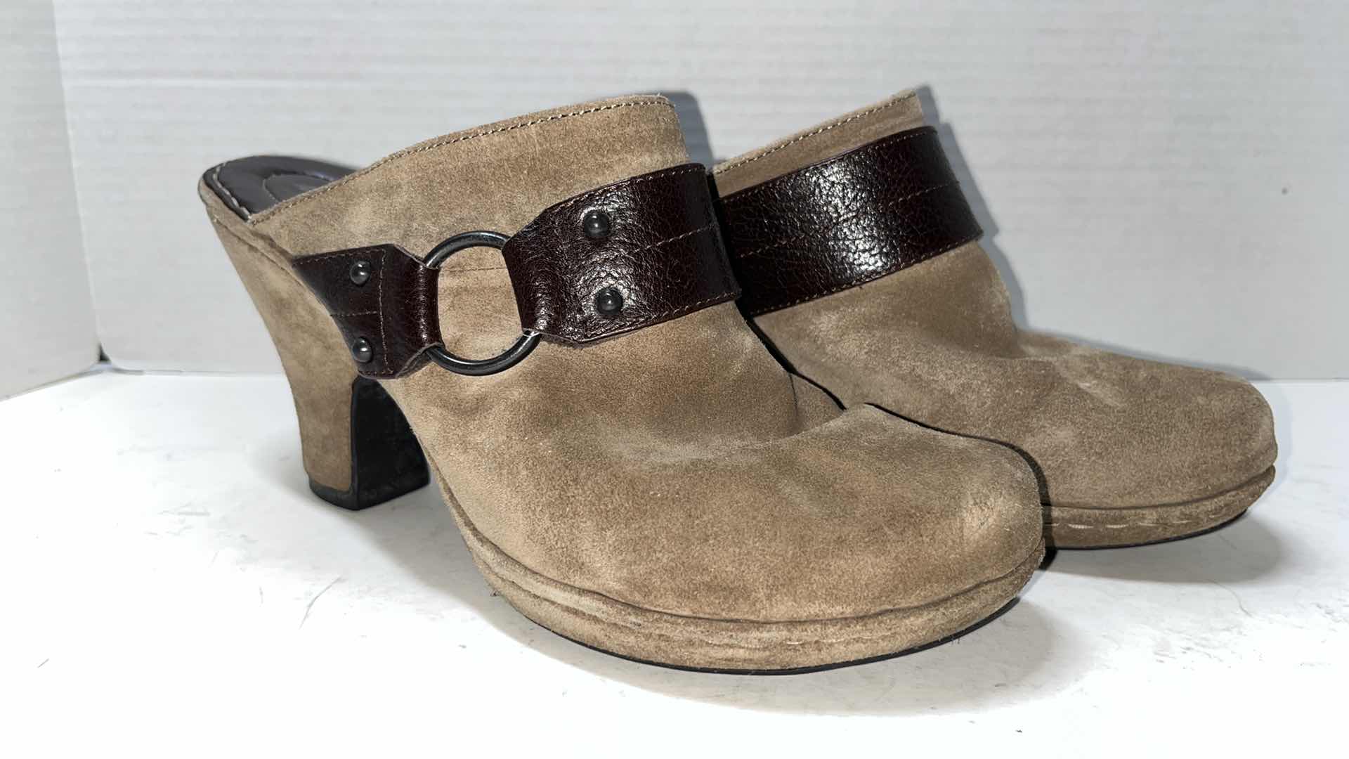 Photo 1 of BORN CROWN HARNESS SUEDE SLIP-ON CLOGS, TAN (WOMENS SIZE 9)