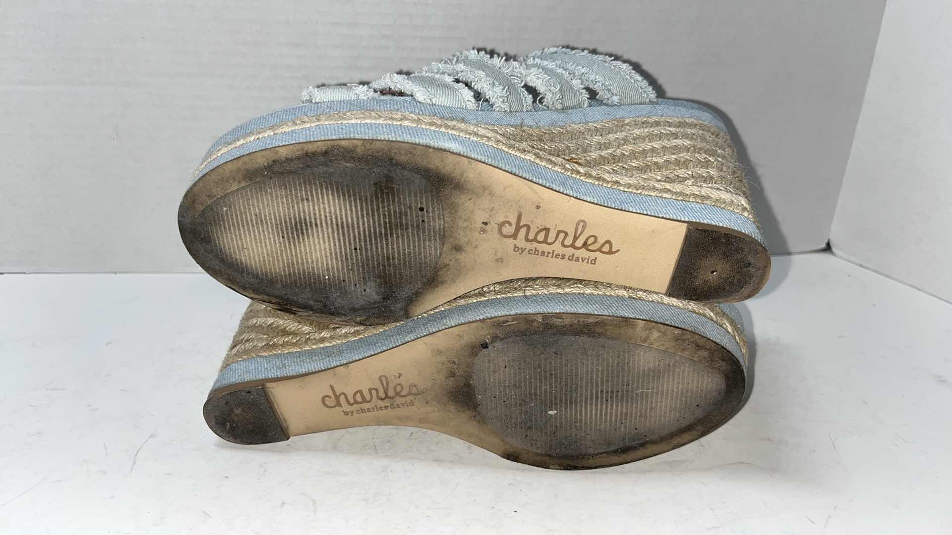 Photo 7 of CHARLES BY CHARLES DAVID LOYAL WEDGE SLIDE SANDAL, LIGHT DENIM/ROPE (WOMENS SIZE 8.5)