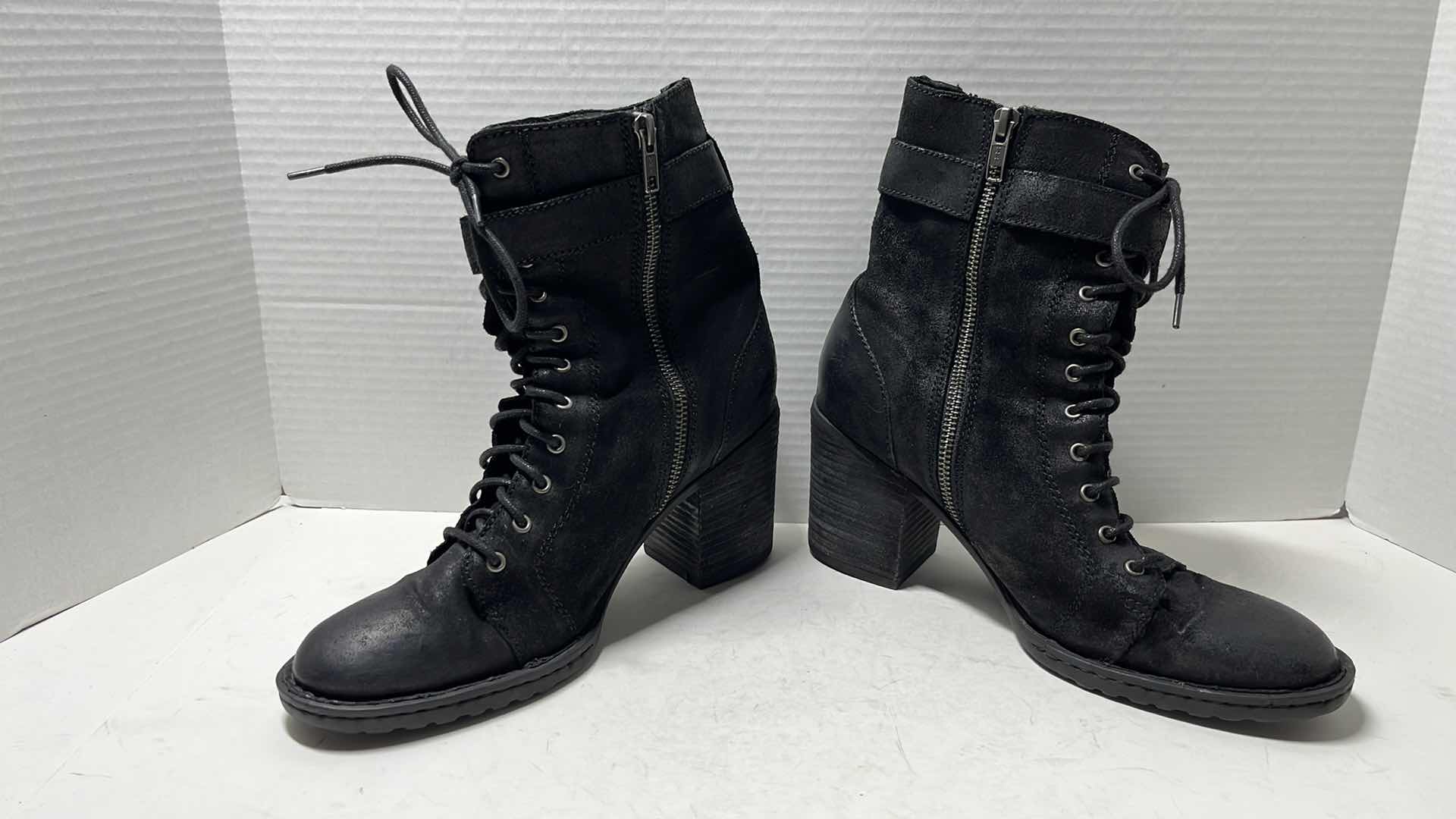 Photo 4 of BORN CASS LACE-UP SIDE-ZIP BLOCK HEEL COMBAT BOOT, BLACK SUEDE (WOMENS SIDE 8.5)