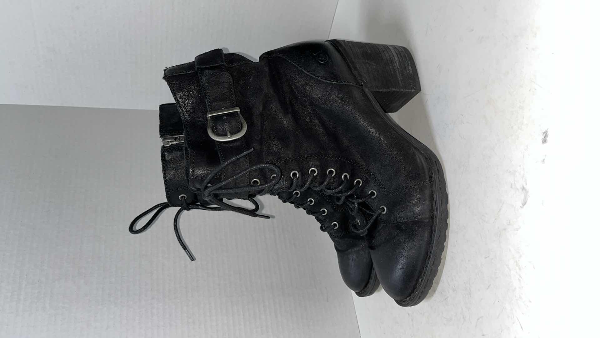 Photo 1 of BORN CASS LACE-UP SIDE-ZIP BLOCK HEEL COMBAT BOOT, BLACK SUEDE (WOMENS SIDE 8.5)