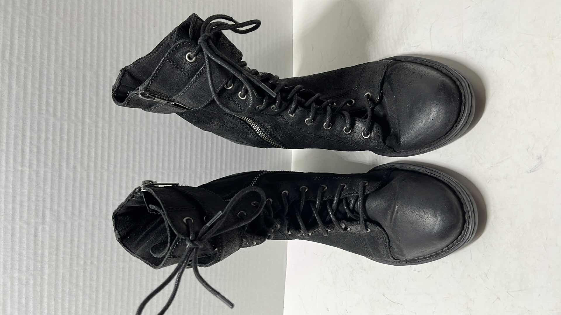 Photo 5 of BORN CASS LACE-UP SIDE-ZIP BLOCK HEEL COMBAT BOOT, BLACK SUEDE (WOMENS SIDE 8.5)