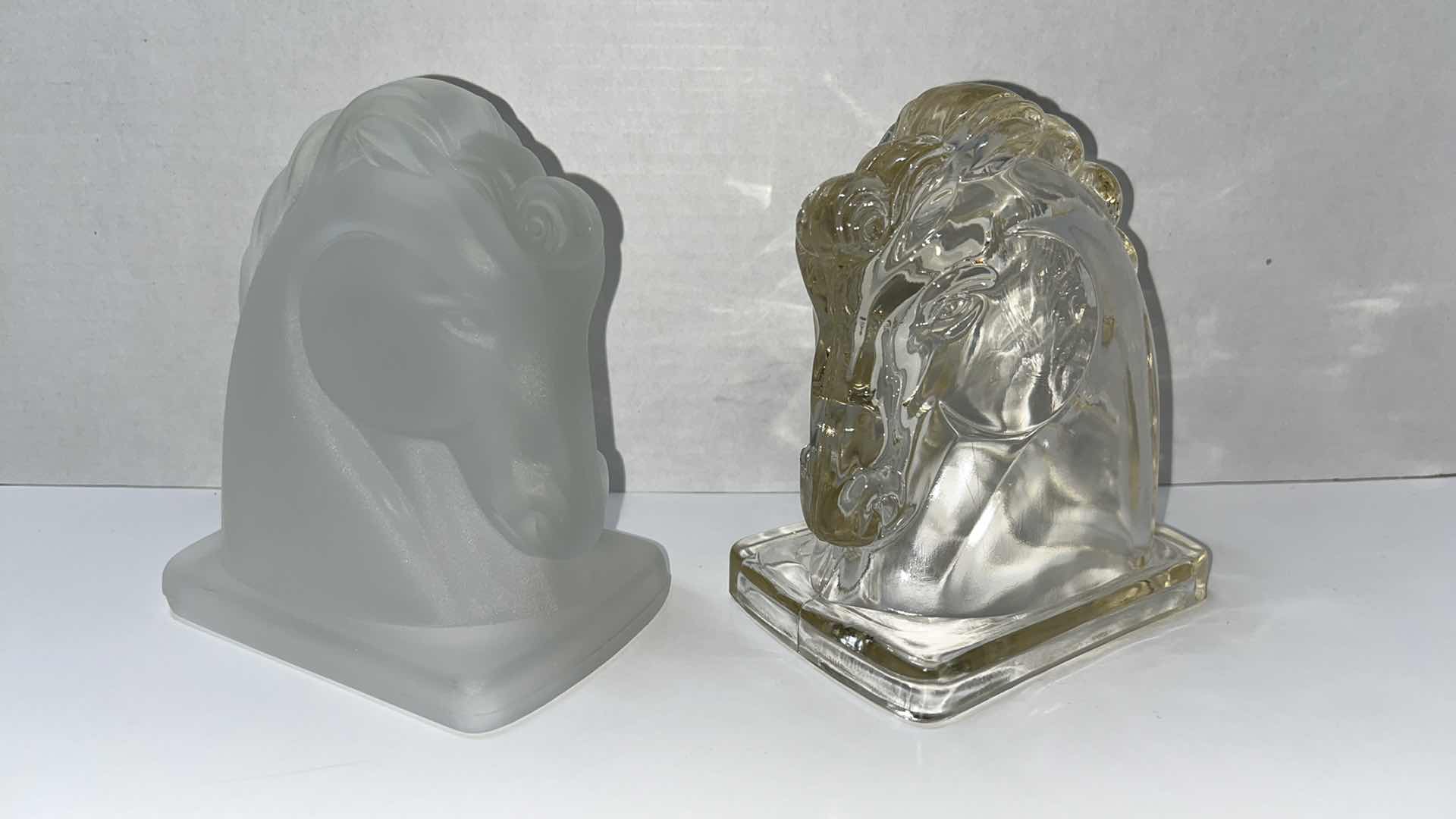 Photo 2 of VINTAGE MIDCENTURY CLEAR GLASS & FROSTED GLASS HORSE HEAD BOOKENDS, 3.25” X 4.75” H5.5” (2)