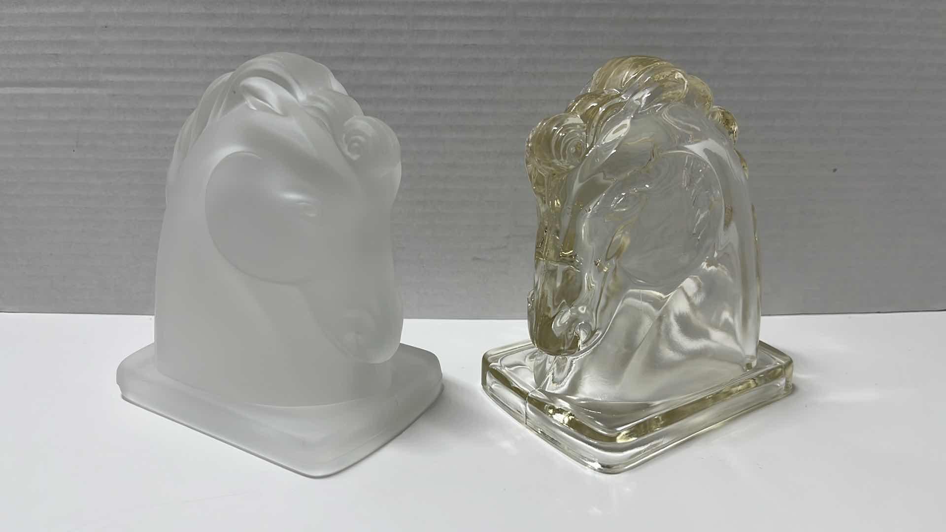 Photo 1 of VINTAGE MIDCENTURY CLEAR GLASS & FROSTED GLASS HORSE HEAD BOOKENDS, 3.25” X 4.75” H5.5” (2)