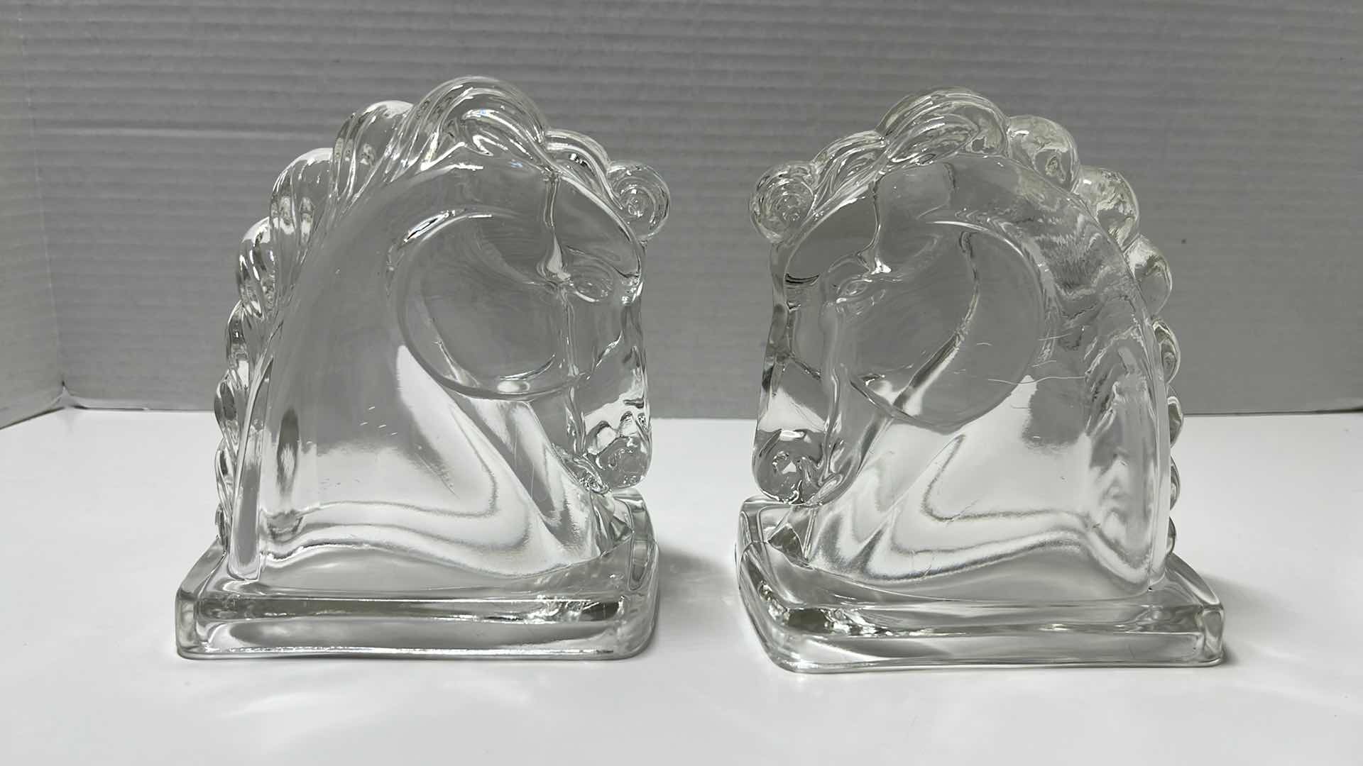 Photo 3 of VINTAGE MIDCENTURY CLEAR GLASS HORSE HEAD BOOKENDS, 3.25” X 4.75” H5.5” (2)