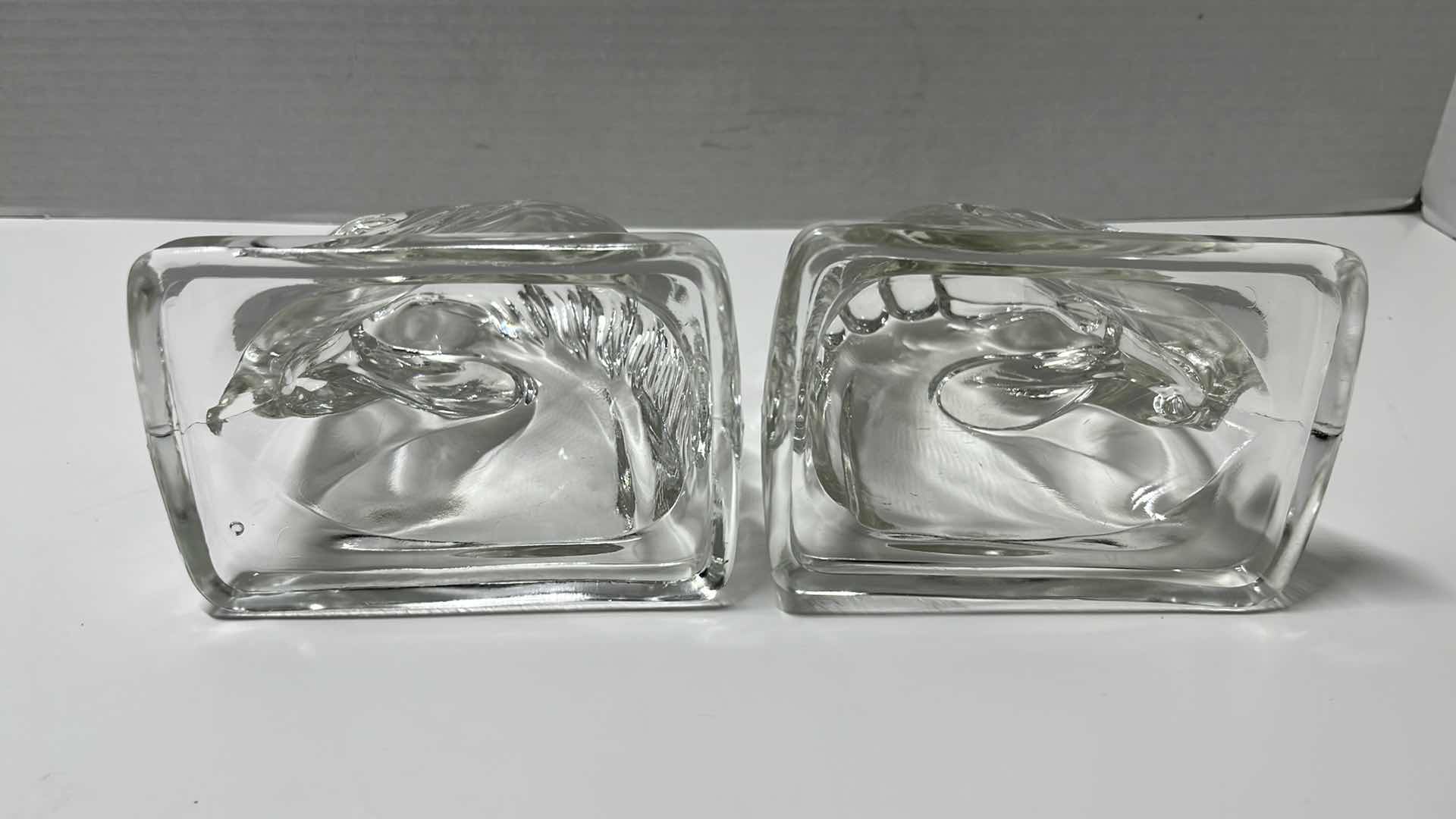 Photo 7 of VINTAGE MIDCENTURY CLEAR GLASS HORSE HEAD BOOKENDS, 3.25” X 4.75” H5.5” (2)