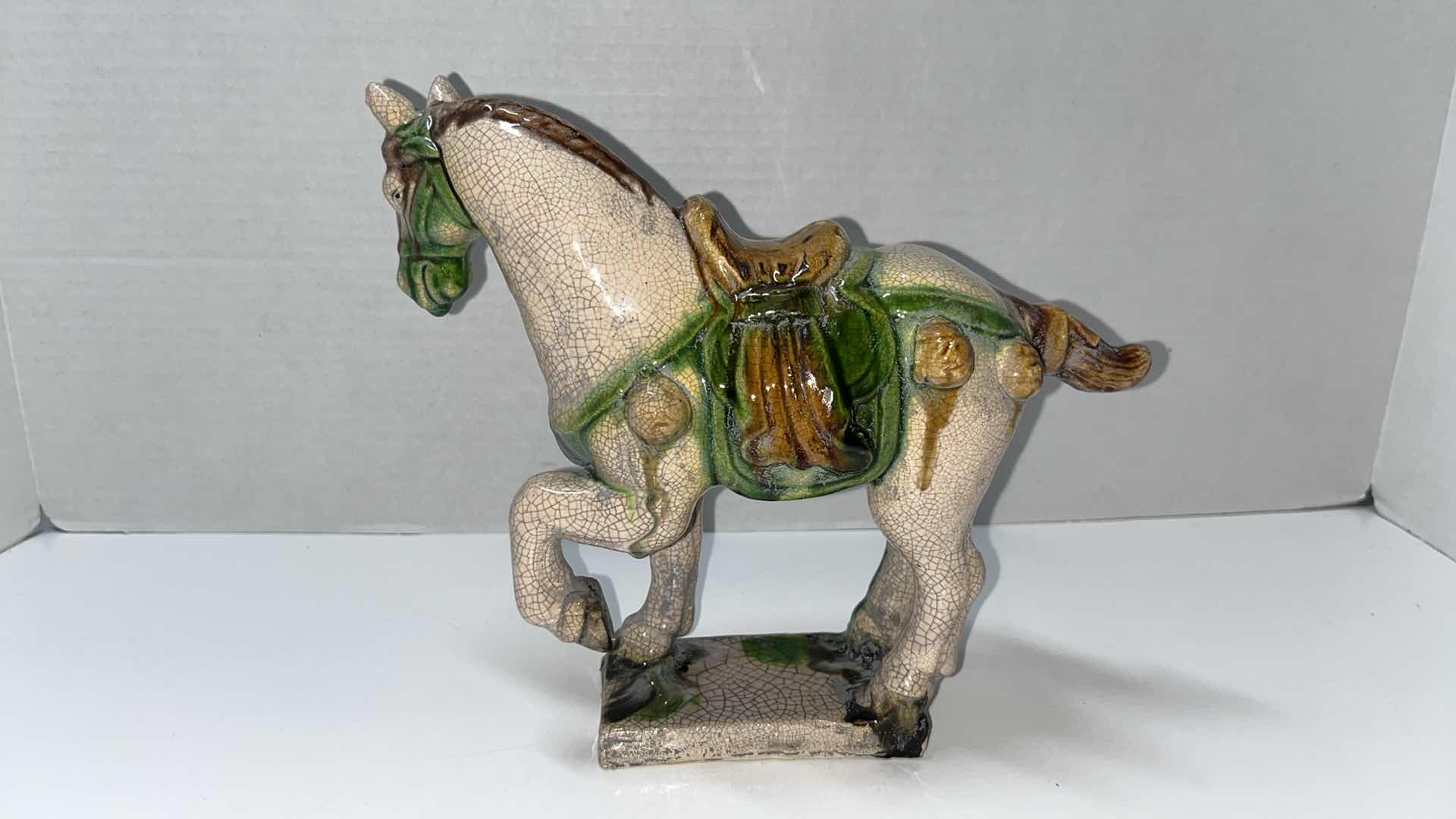 Photo 4 of ANDREA BY SADEK WHITE CRACKLE ASIAN TANG HORSE STATUE, 3.25” X 8.75” H7.75”