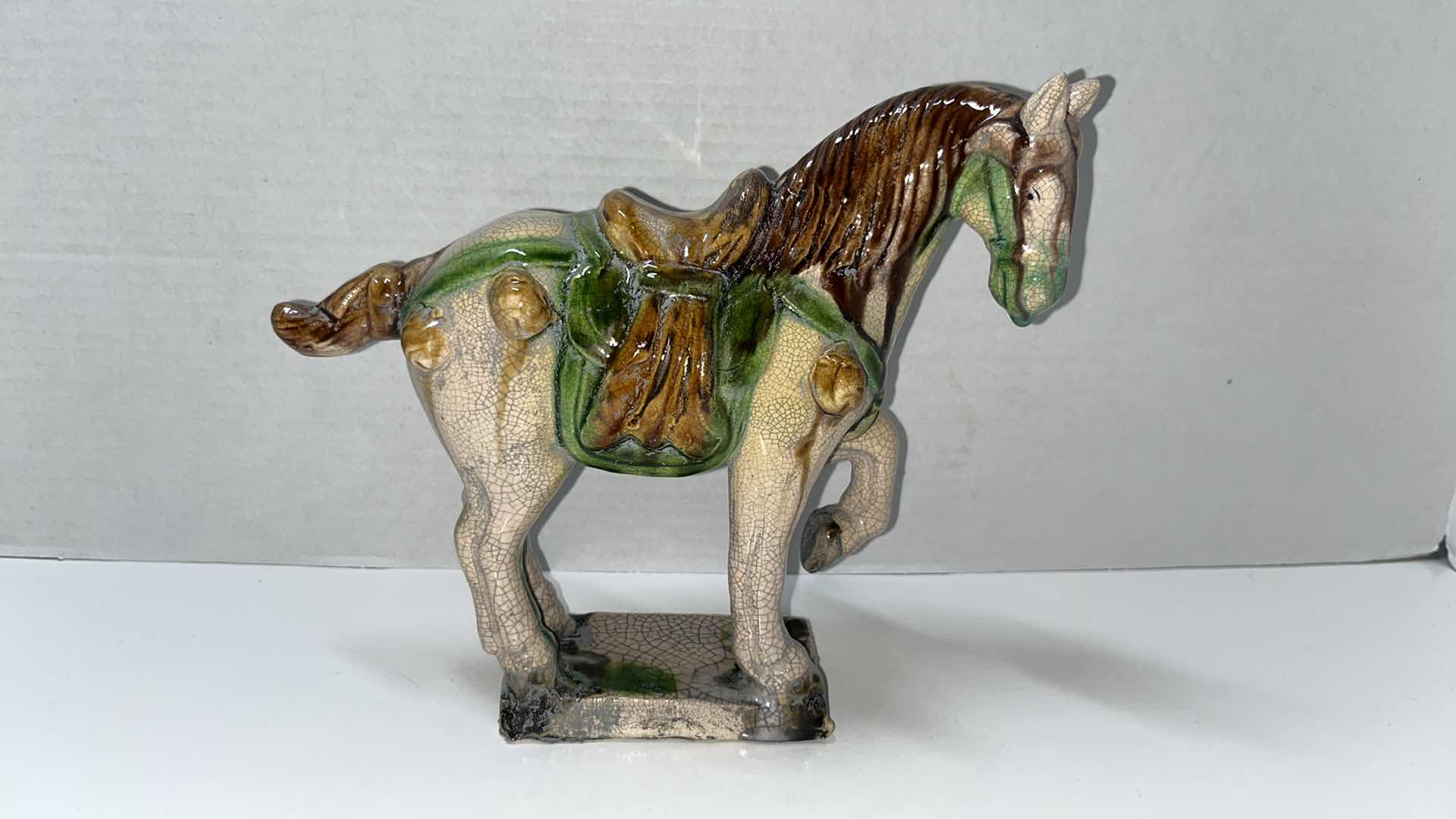 Photo 1 of ANDREA BY SADEK WHITE CRACKLE ASIAN TANG HORSE STATUE, 3.25” X 8.75” H7.75”