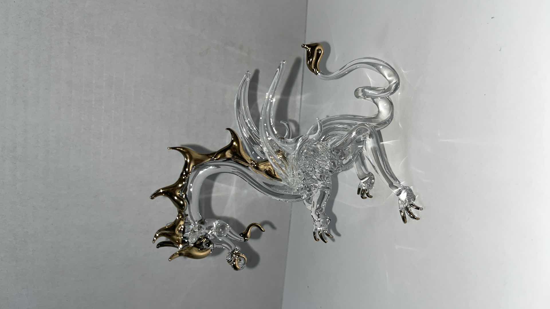 Photo 1 of HAND BLOWN CLEAR GLASS DRAGON W GOLD ACCENTS 5”