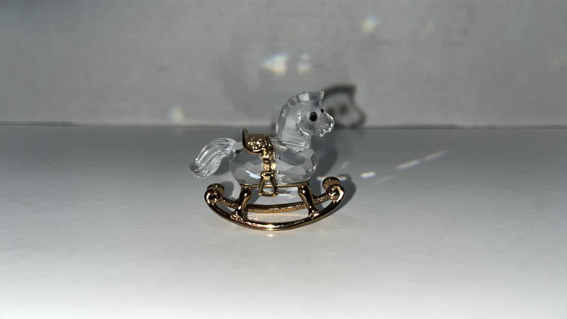 Photo 5 of HAND BLOWN CLEAR GLASS ROCKING UNICORN W GOLD ACCENTS 4.75” X 2” H4”W CRYSTAL ROCKING HORSE W GOLD ACCENTS (2)